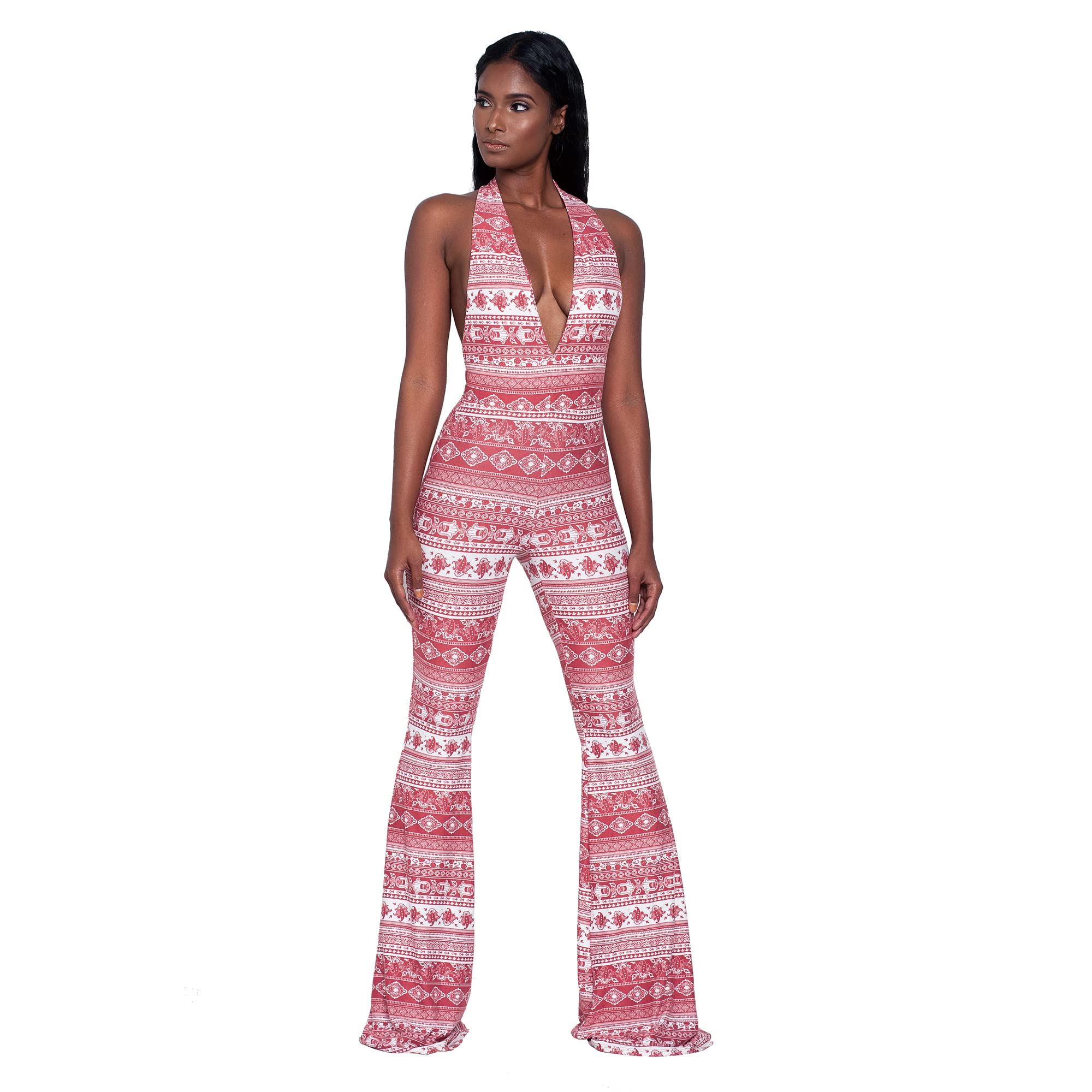 Women's Sexy Halter Deep V-Neck Jumpsuit - Ethnic Printed Hollow Back Romper with Long Pants for Summer, Beach, Party & Night Out | Plus Size Options Available