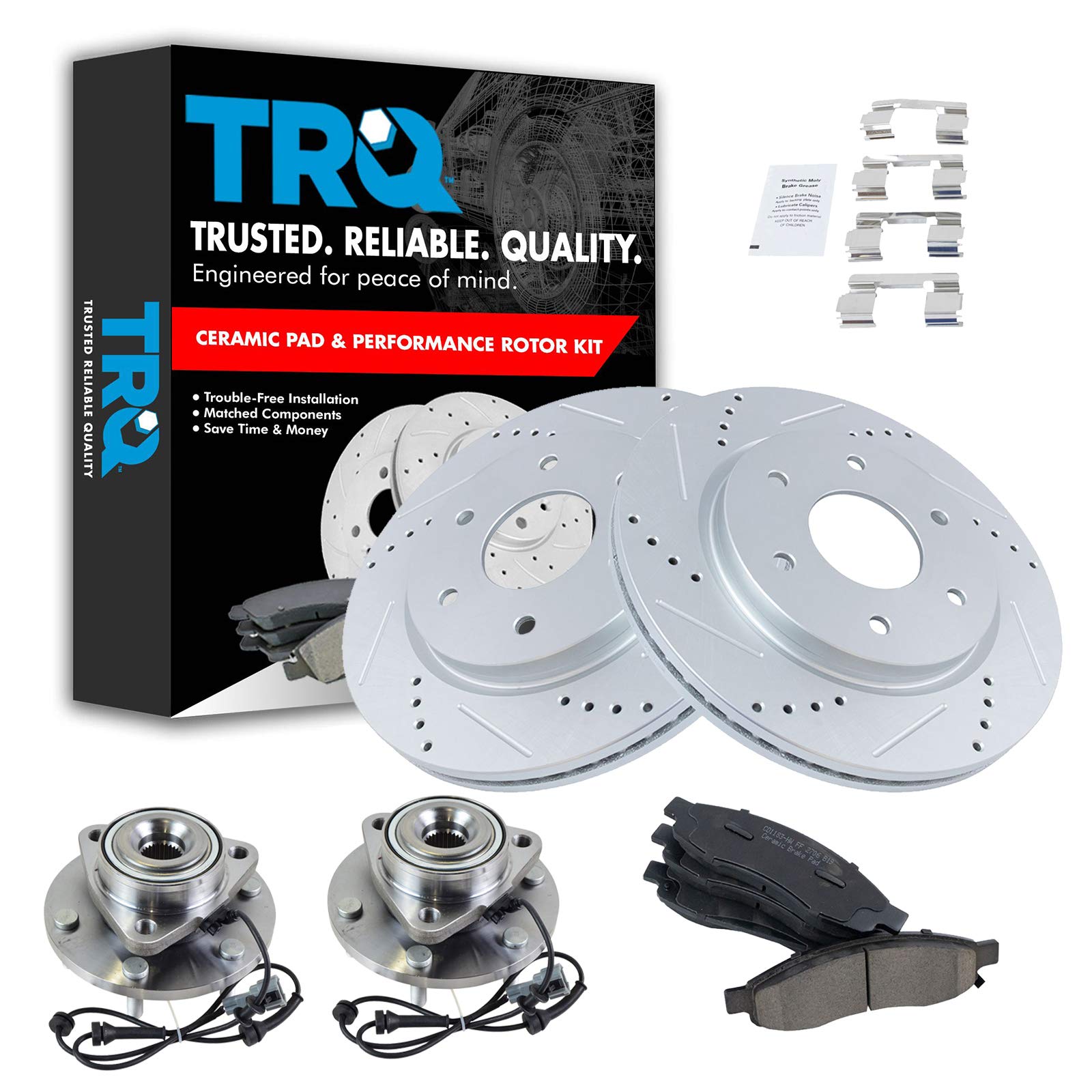 TRQ Front Performance Brake Pad & Rotor Kit - Ceramic Premium G-Coated Brake Pads & Rotors Set with Wheel Hub Bearing Assembly - Compatible with 2005-2006 INFINITI QX56, 2005-2007 Nissan Armada & Titan - Perfect for Off-Roading, Towing & Heavy-Duty Driving