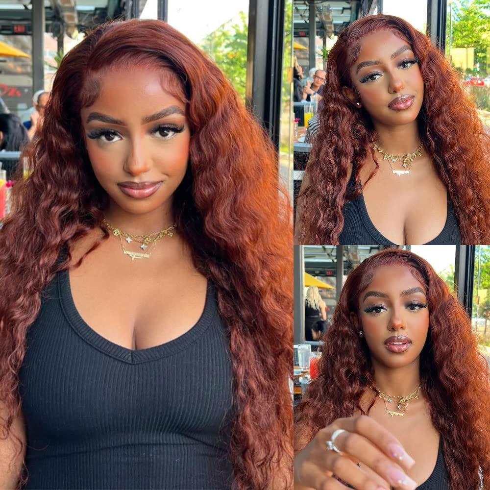 Julia Hair Reddish Brown Water Wave 13x4 Lace Front Wig Human Hair for Women | HD Lace Frontal Wig #33B Auburn Copper Red | Pre-Plucked with Baby Hair | 180% Density | 20 Inch | Perfect for Daily Wear, Cosplay & Special Occasions