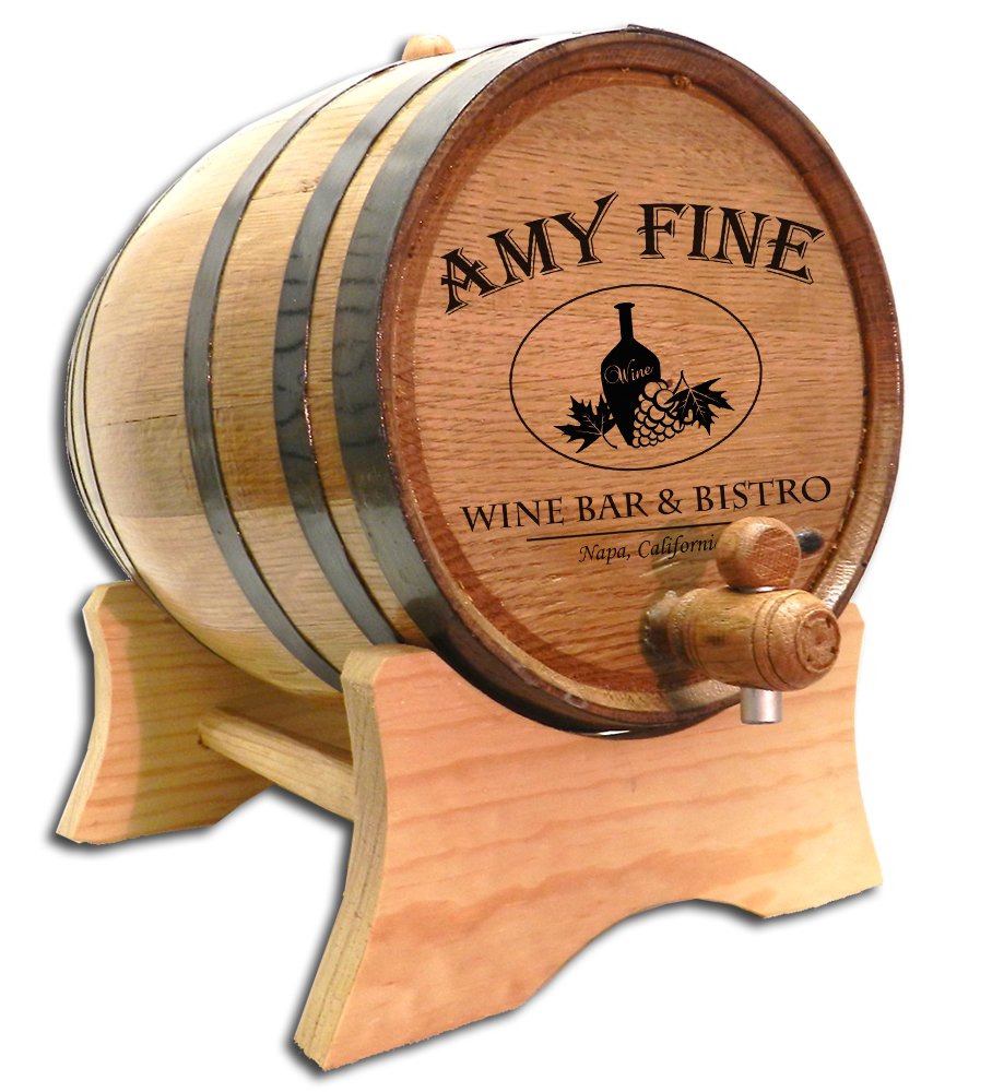 Personalized 5 Gallon Oak Wine Barrel (20 Liter) with Stand, Bung & Spigot - Age Whiskey, Bourbon, Cocktails, Beer & More - Laser Engraved Finegold Wine Bar Design (B312) - Perfect for Home Bars, Wine Cellars & DIY Spirit Aging