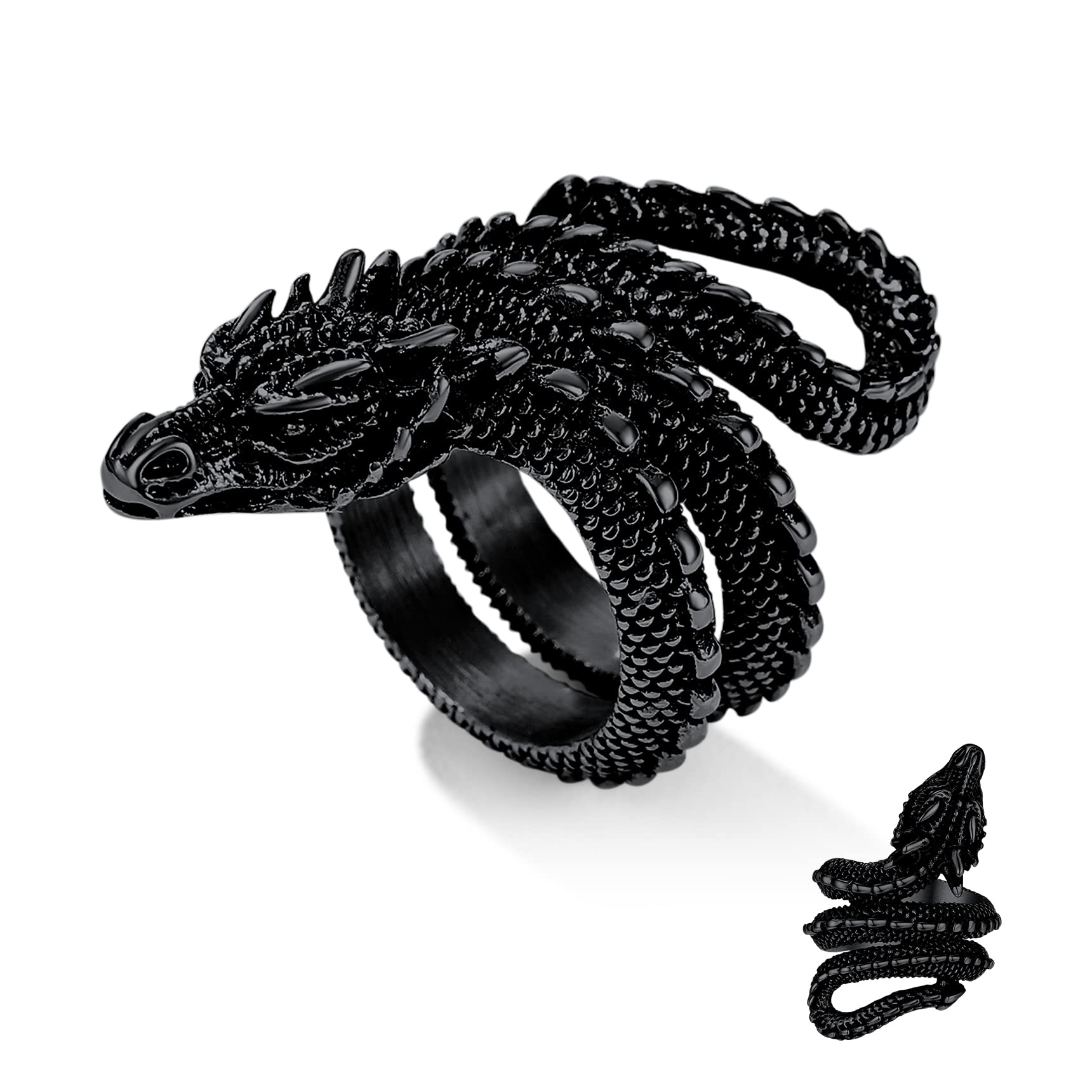Gothic Snake Rings for Men & Women - Stainless Steel Gold Black Serpent Wrap Ring - Biker Jewelry for Costume Parties