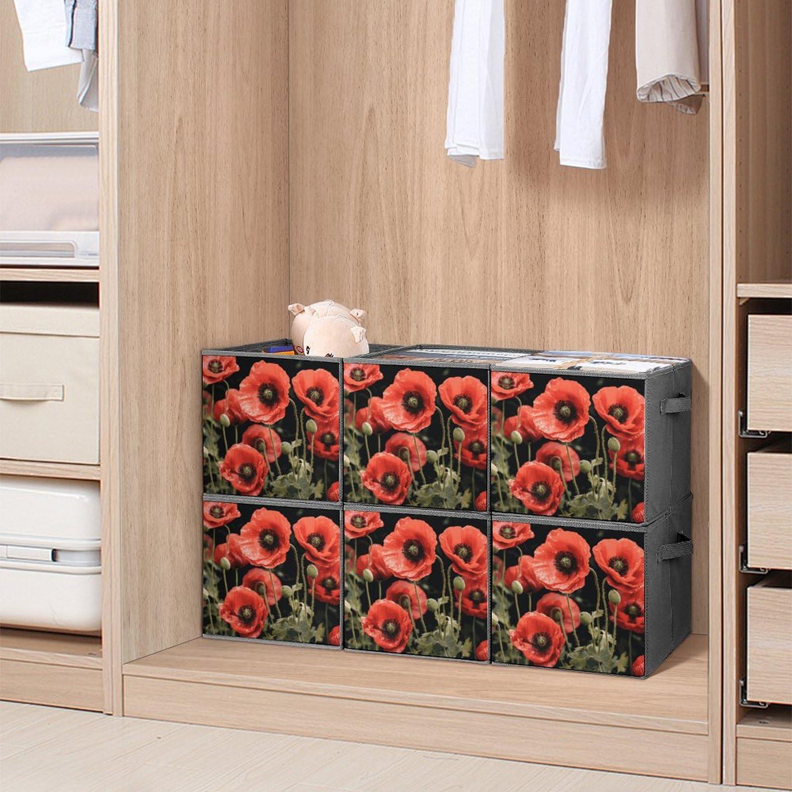 6-Piece Collapsible Storage Bins with Handles - Red Poppy Flower & Leaf Print, Foldable Organizing Baskets for Home, Office, Closet & Shelves | Space-Saving Storage Solutions for Toys, Books & Household Items