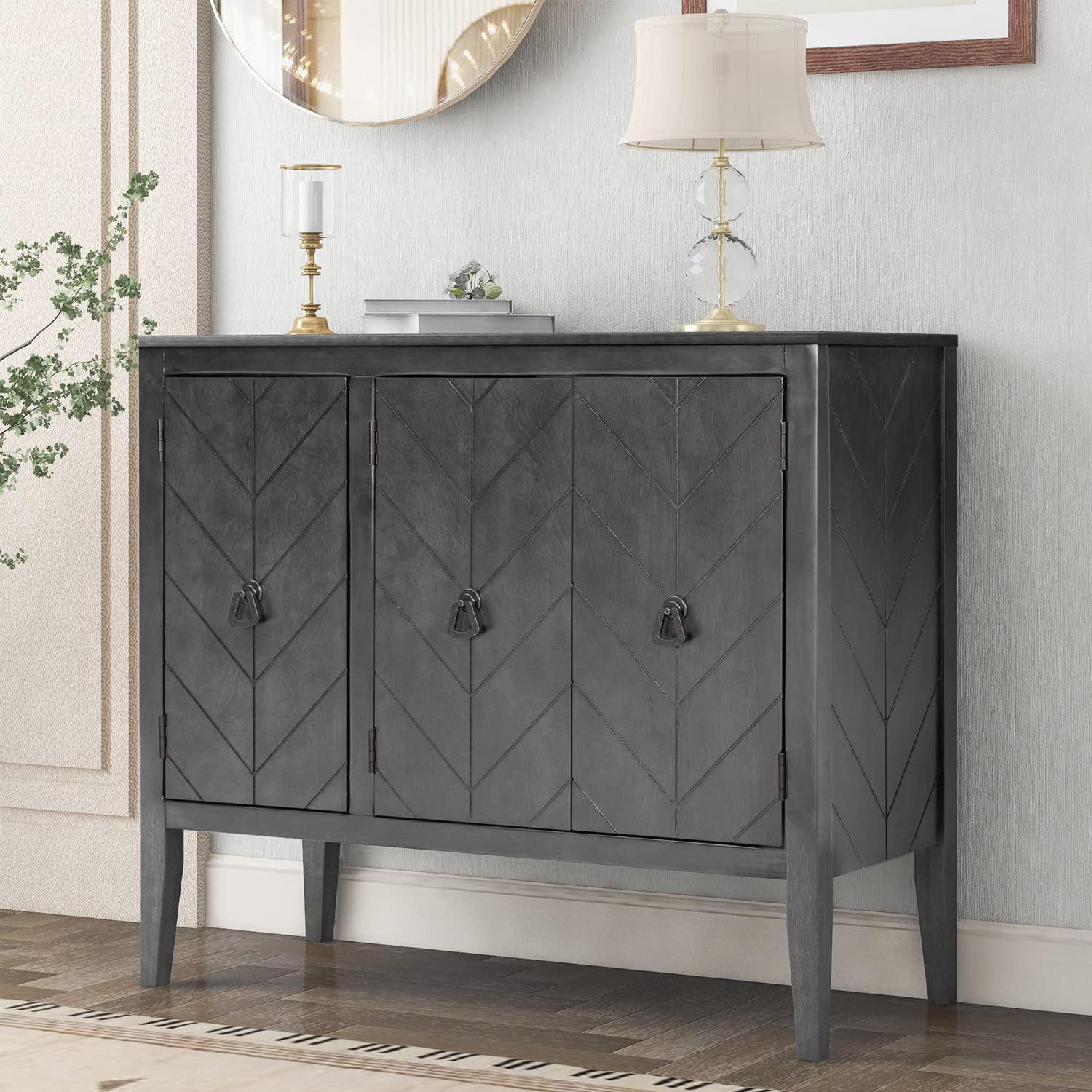 Modern Wooden Storage Sideboard Cabinet - Adjustable Shelf & 3 Antique Doors, Entryway Buffet Console Table for Kitchen, Hallway, Living Room & Bedroom - Easy Assembly (Grey) | Perfect for Home Organization & Stylish Decor
