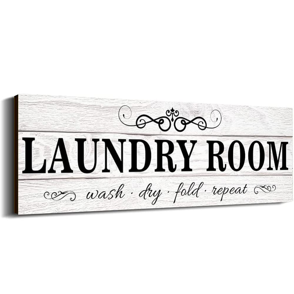 Farmhouse Laundry Room Signs - Vintage Black & White Wooden Wall Decor (4.7x13.7 Inch) - Rustic Laundry Room Art for Wall & Door - Perfect for Home, Apartment & Laundromat Decor