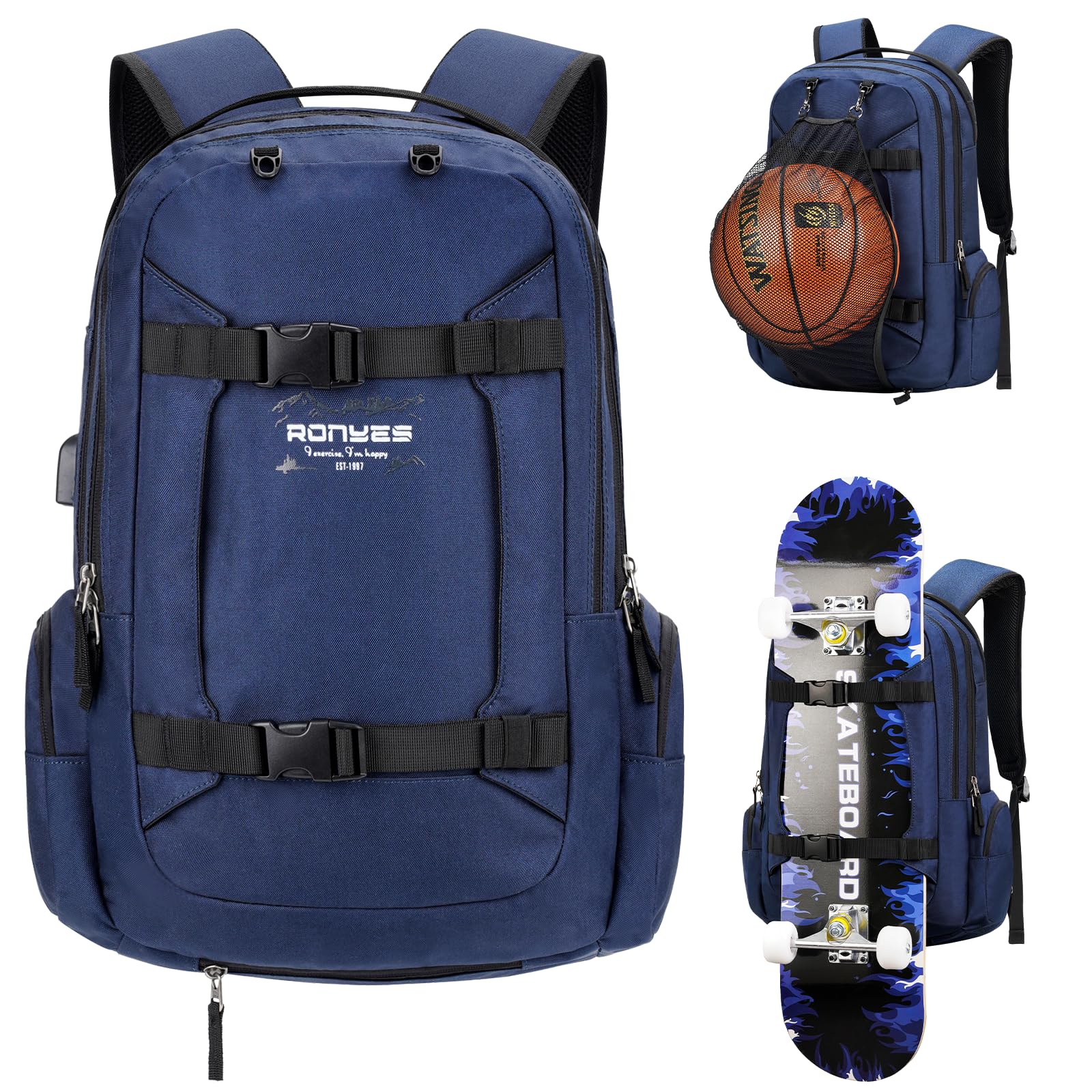 Ronyes Skateboard Backpack - 17.3 Inch Laptop Backpack with USB Charging Port - Waterproof Sports Travel Backpack for Skateboard, Longboard & Basketball - Durable School Backpack for Men & Women (Blue) - Perfect for Commuting, College & Outdoor Adventures