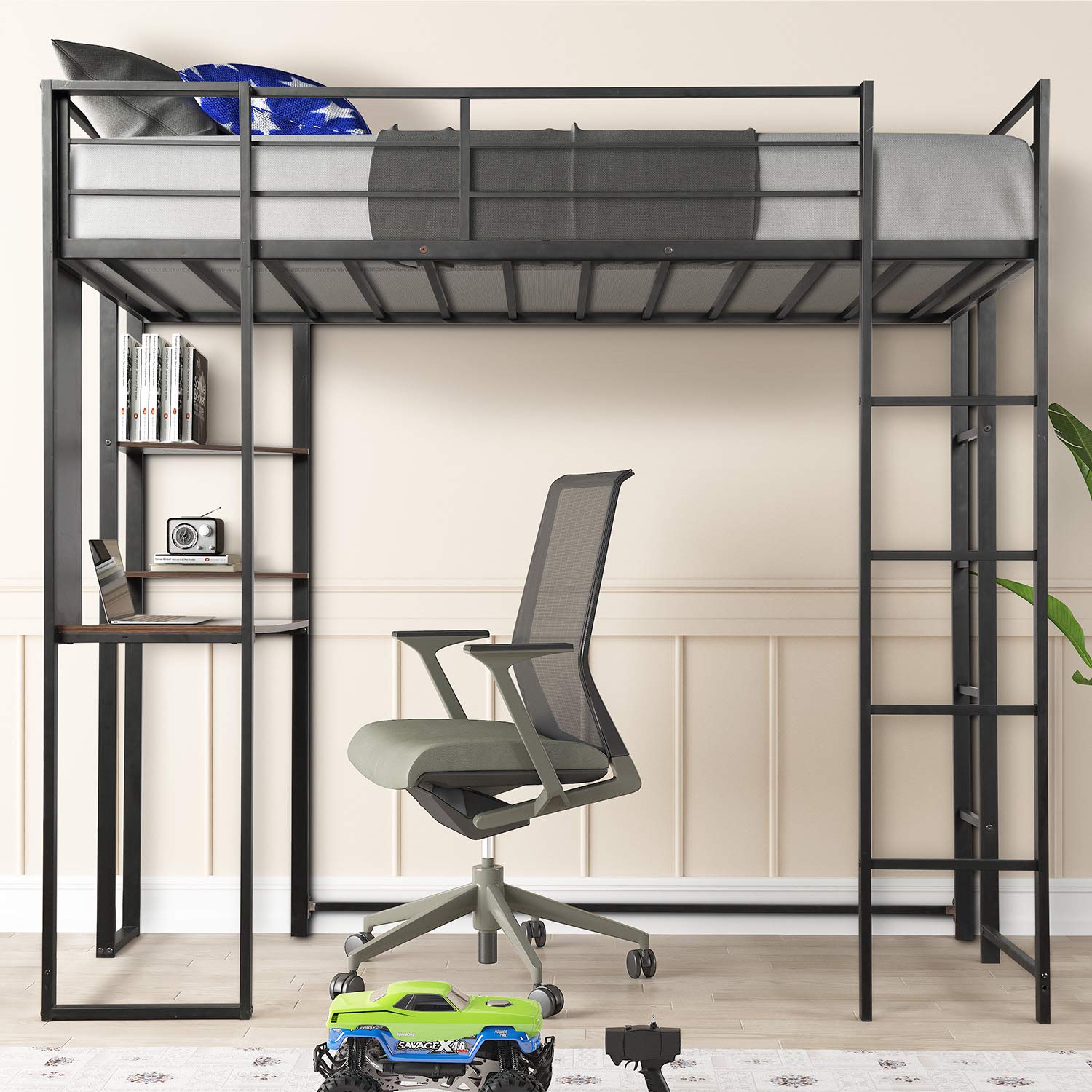 Danxee Loft Twin Bunk Bed with Shelves & Desk - Space Saving High Sleeper Bed with Full Guardrails & Dual Ladders for Kids, Teens, Dorms & Small Rooms | Perfect for Shared Bedrooms, Studio Apartments & Guest Rooms