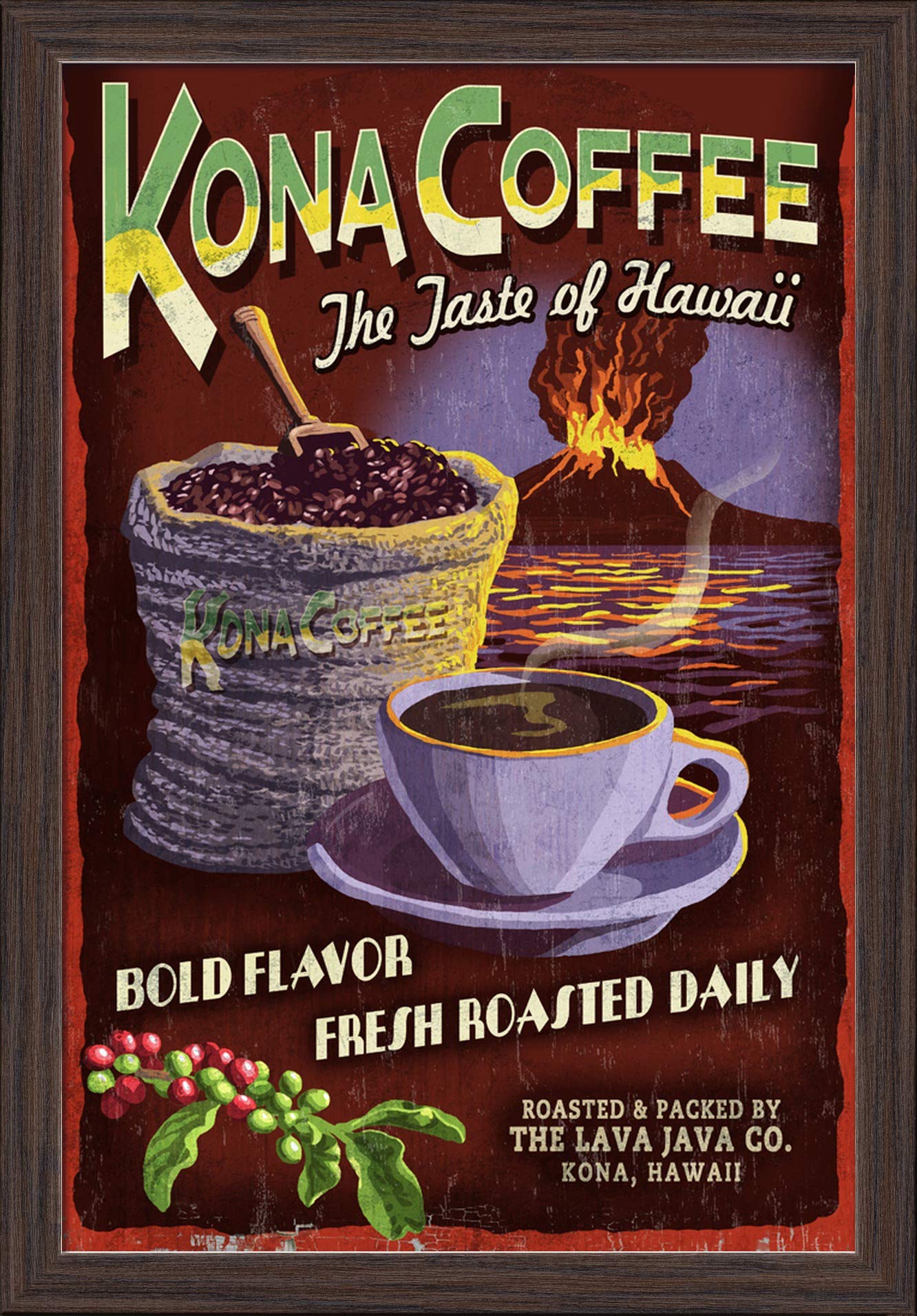 Premium Vintage Hawaii Kona Coffee Sign - 16x24 Inch Giclee Fine Art Print with Recycled Wood Frame in Espresso Brown - Perfect for Coffee Shop, Kitchen & Home Decor