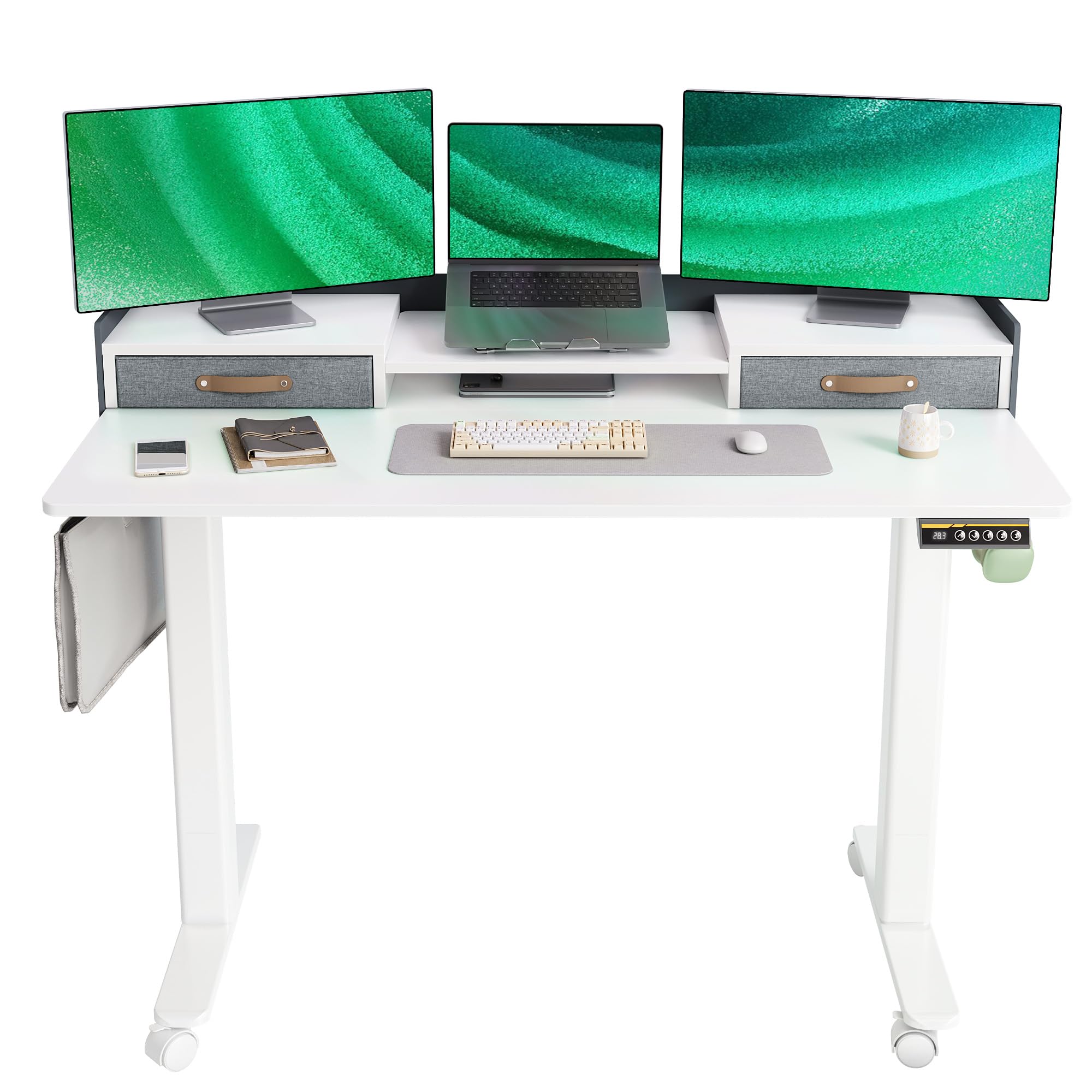 YDN 55 Inch Electric Standing Desk with Drawers - Adjustable Height Sit Stand Desk with Storage Shelf, White - Perfect for Home Office, Small Spaces & Ergonomic Workstations