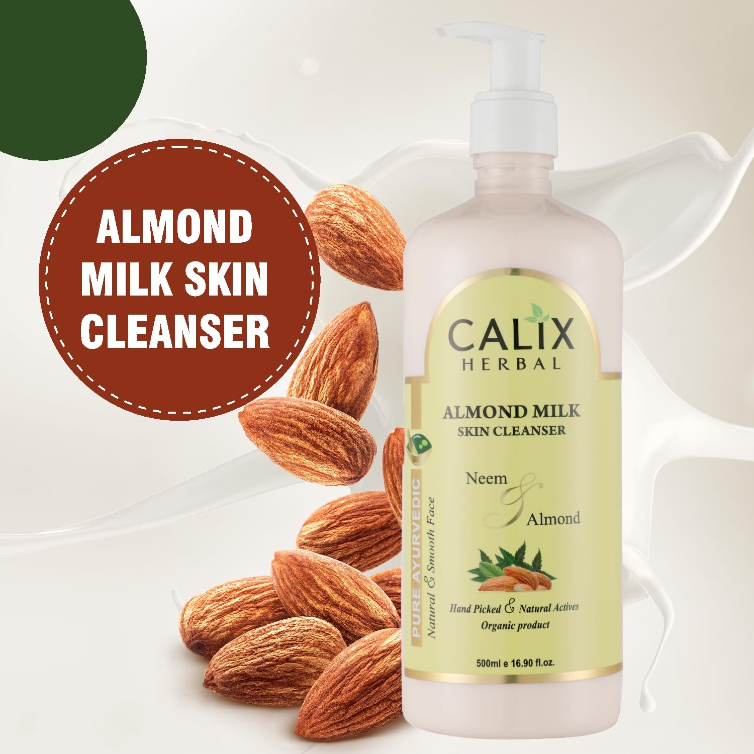 Organic Ayurvedic Almond Milk Skin Cleanser by Calix - Nourishing Face Wash for Dull & Dehydrated Skin | Men & Women | All Skin Types | 500ml | Perfect for Daily Skincare Routine & Travel