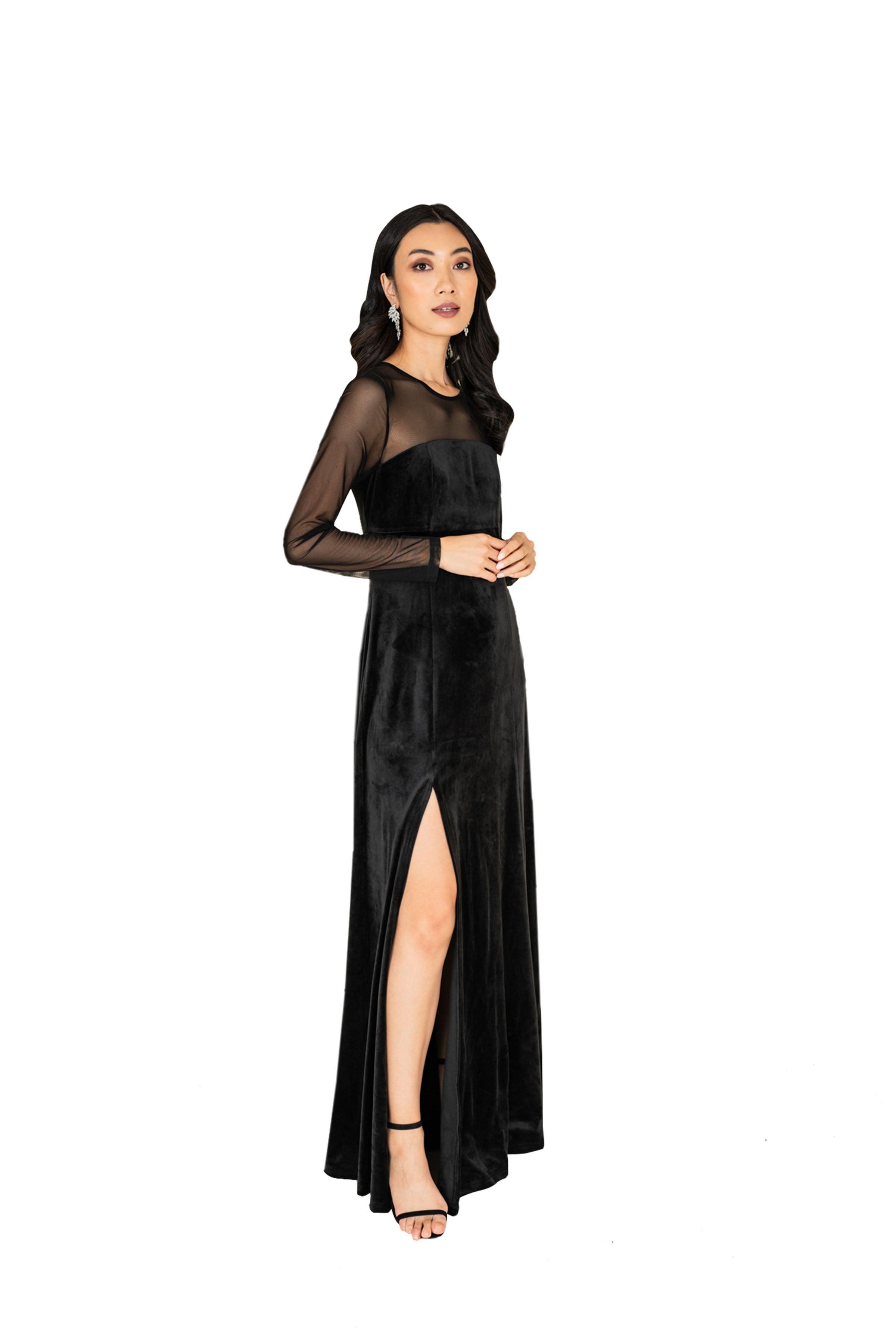 Elegant Women's Velvet Gown with Illusion Neckline - Perfect for Evening Parties, Prom Dresses & Formal Events