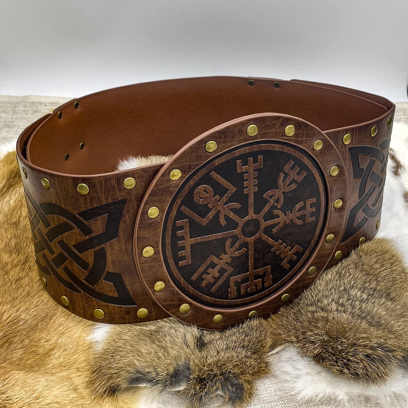 Viking Embossed Wide Belt - Nordic Faux Leather Armor Belt for LARP, Cosplay & Halloween Costume | Medieval Knight Corset Belt (Brown) - Perfect for Renaissance Faires, Viking Reenactments & Fantasy Events