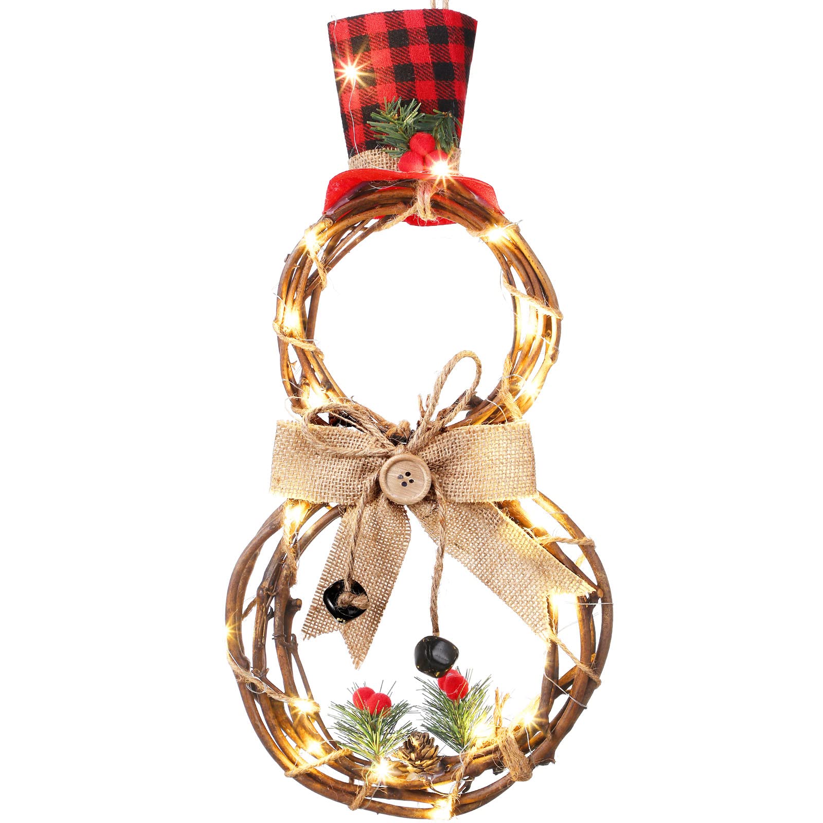 Snowman Christmas Wreath with Lights - 16x8 Inch Battery Operated Grapevine Wreath with Hat & Bow for Front Door, Wall, Home & Garden Decor - Perfect for Holiday Door Hanging, Xmas Party Decoration & Winter Festival Decorating