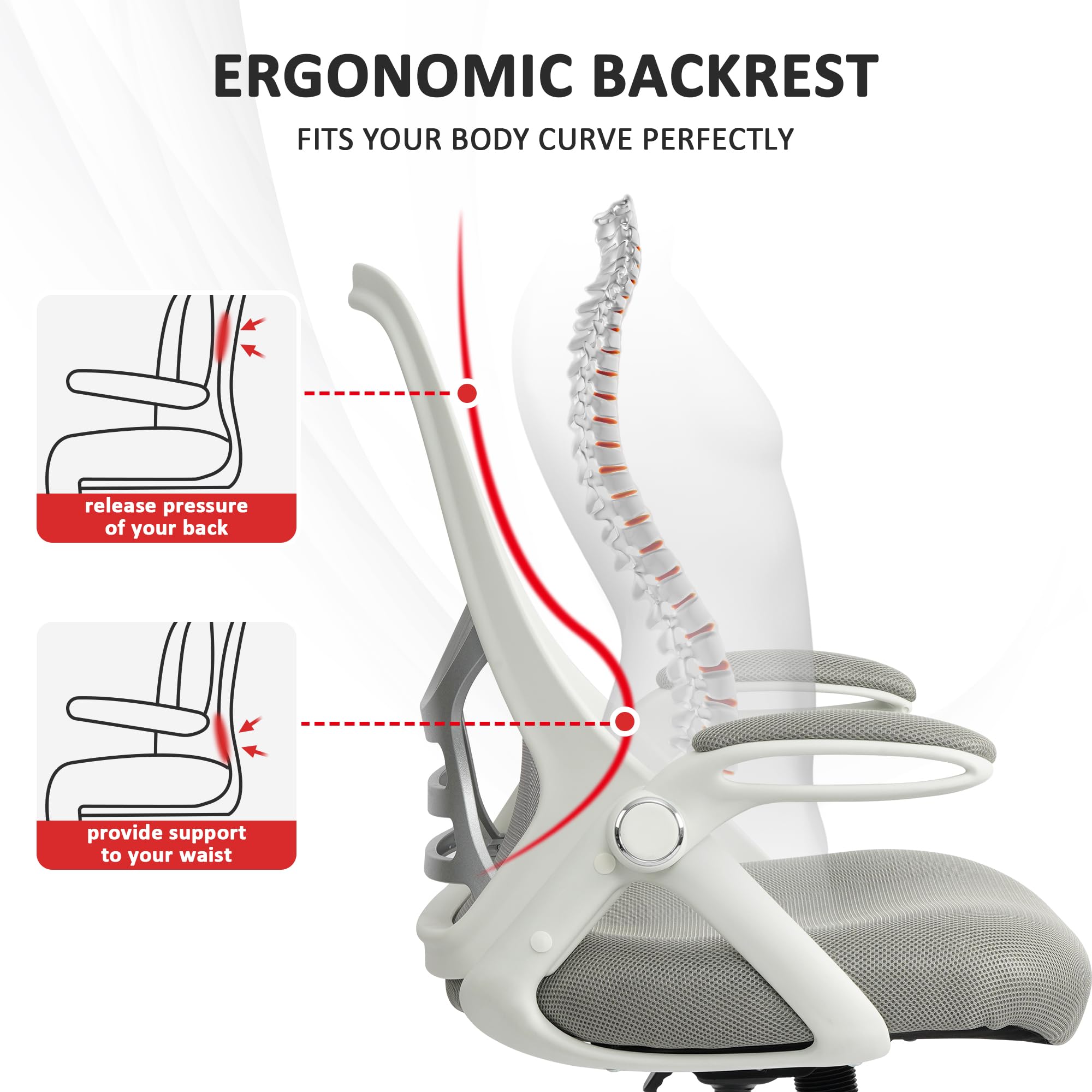 HYLONE Ergonomic White Office Chair - Breathable Mesh Back, Adjustable Height, Lumbar Support for All-Day Comfort - Perfect for Home Office, Gaming, and Workspace Use