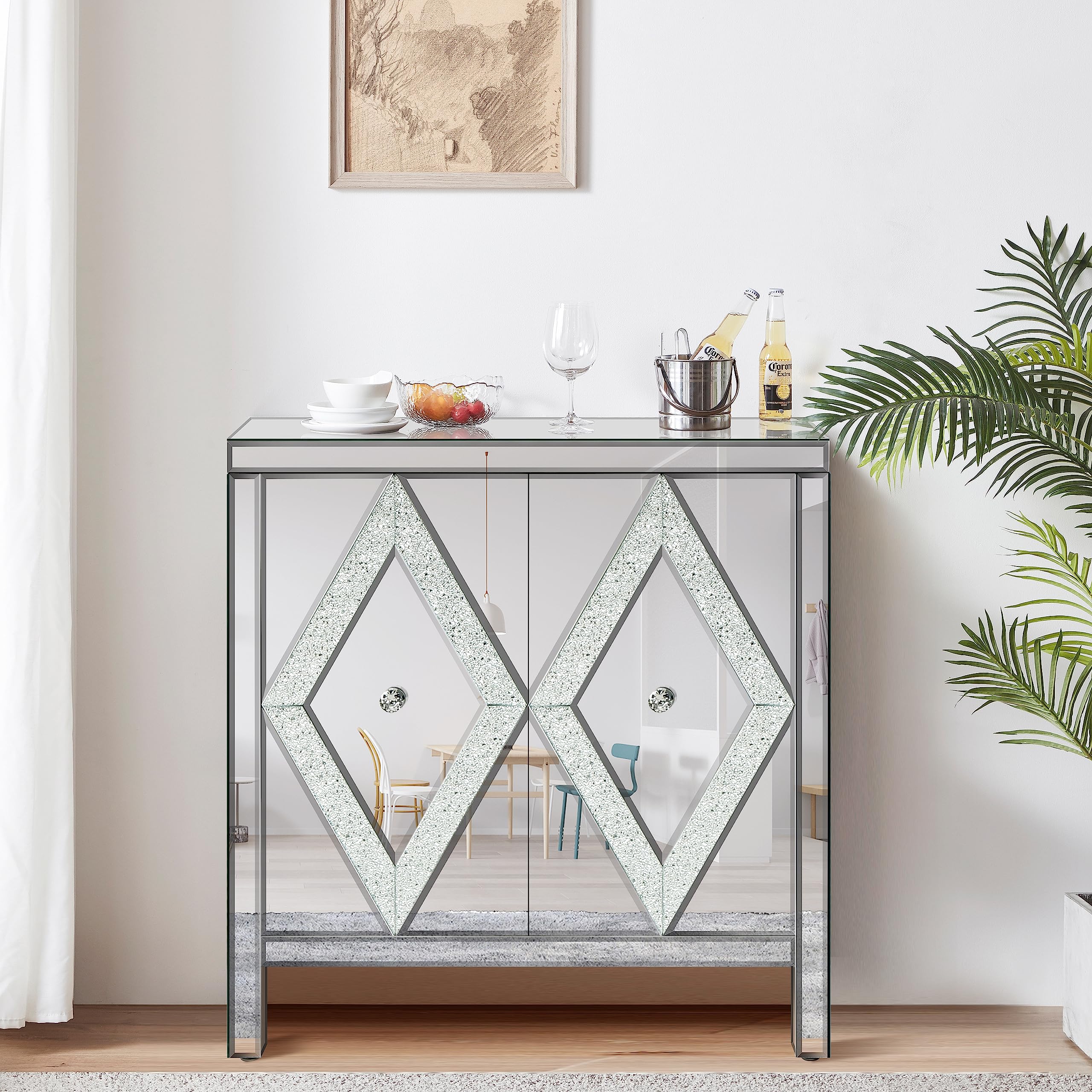 Elegant Mirrored Sideboard with Crystal Handles - 2-Door Floor Cabinet for Living Room, Entryway, Bedroom & Office - Silver Accent Storage Cabinet with Mirror Finish - Perfect for Displaying Decor, Storing Essentials & Enhancing Home Decor