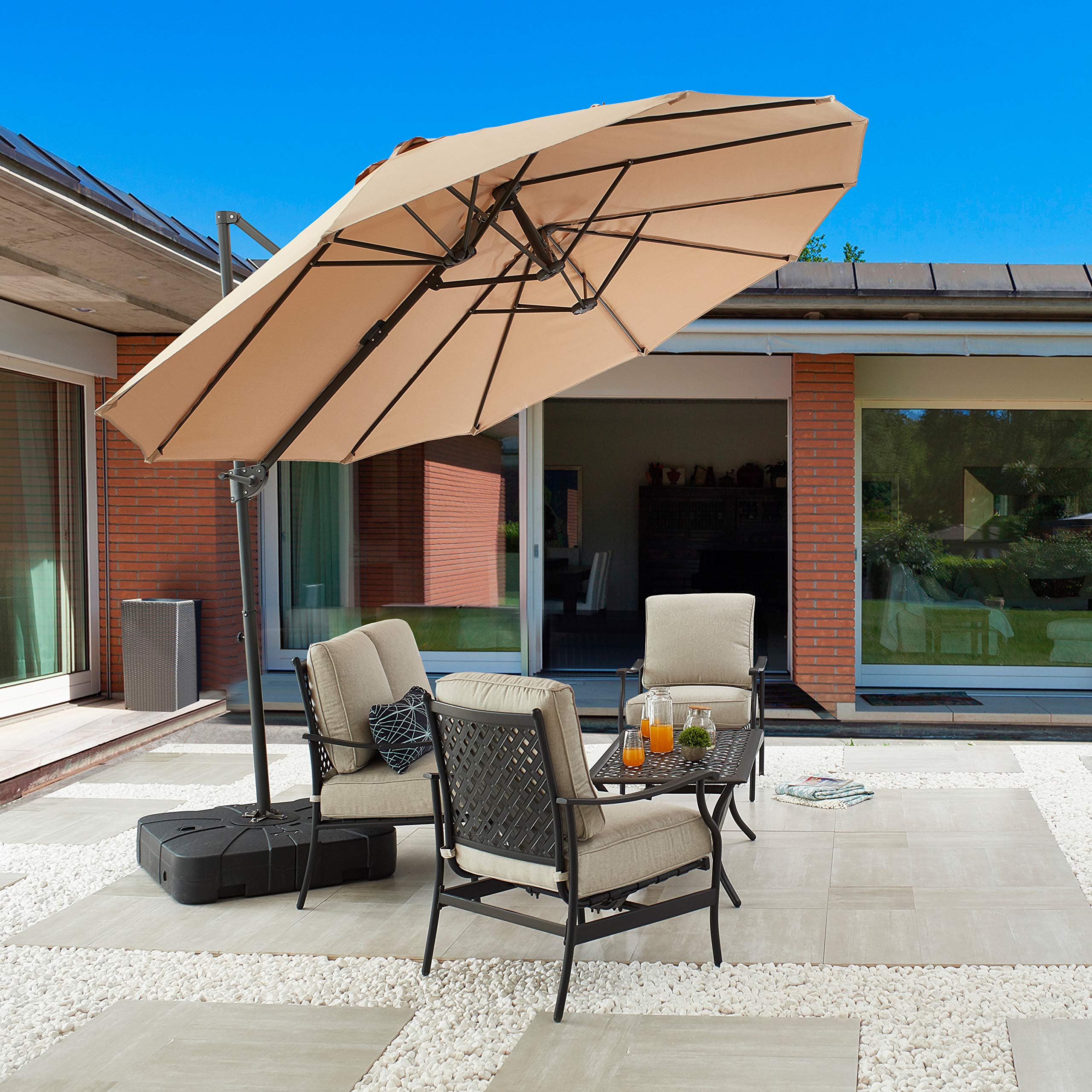 LOKATSE HOME 14.4 Ft Twin Head Outdoor Patio Market Umbrella with Crank & Weighted Base Stand - Large Rectangular Cantilever Hanging Umbrella Set in Khaki - Perfect for Poolside, Backyard, Beach, and Outdoor Dining Areas