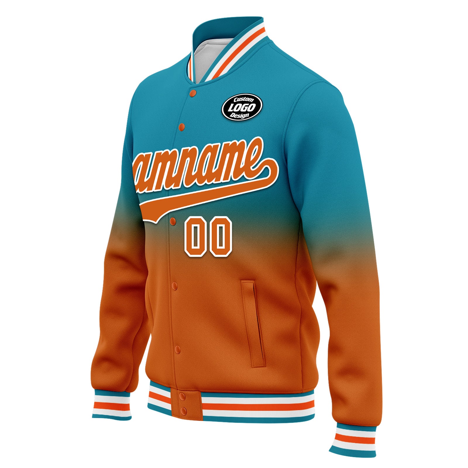 Custom Blue Orange Fade Bomber Jacket - Personalized Varsity Letterman Jacket with Full Snap Closure (FZ005 D020229) - Perfect for School Events, Sports Games & Streetwear Fashion