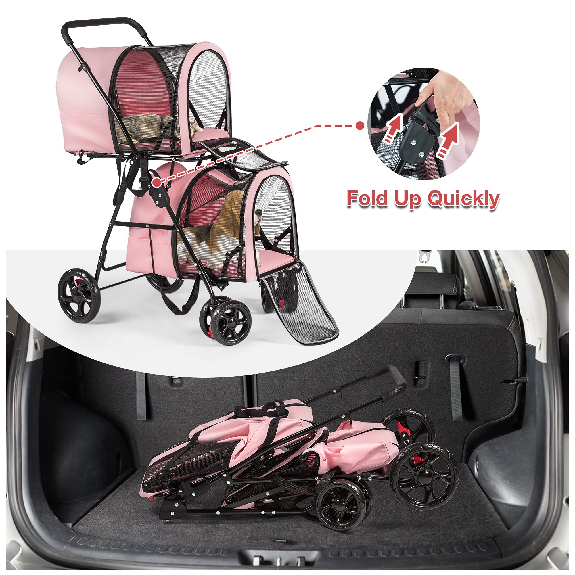 3-in-1 Double Pet Stroller - Foldable Dog & Cat Carrier for 2 Small Pets, Travel Cart for Puppies & Kittens (Pink) - Perfect for Park Walks, Vet Visits & Outdoor Adventures