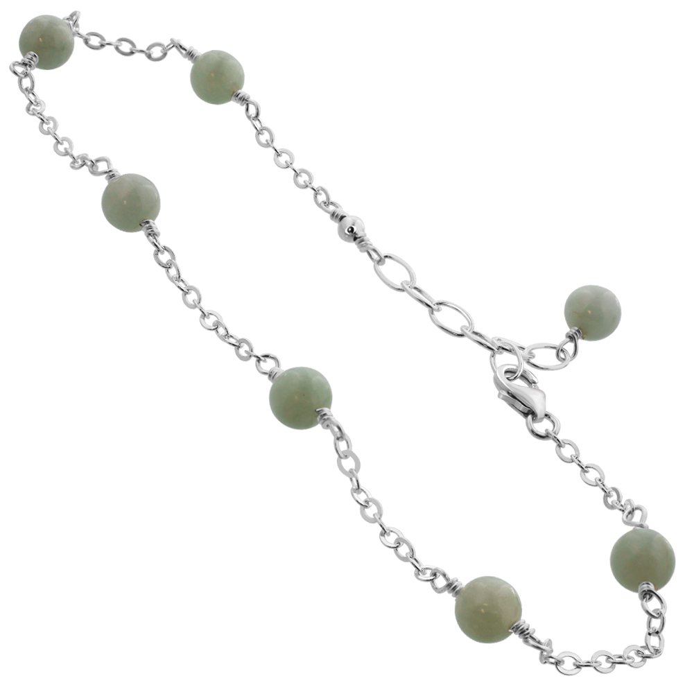 Green Simulated Jade Sterling Silver Anklet Bracelet for Women - Elegant Ankle Jewelry for Summer, Beach & Boho Style Outfits