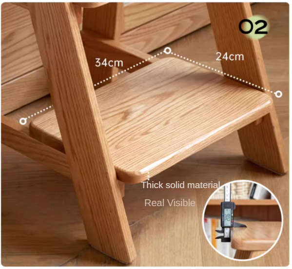 Solid Oak Wood Step Stool - Sturdy 2-Step Ladder for Kitchen, Bathroom & Kids - Non-Slip Safety Footrest for Home, Office & Closet Organization