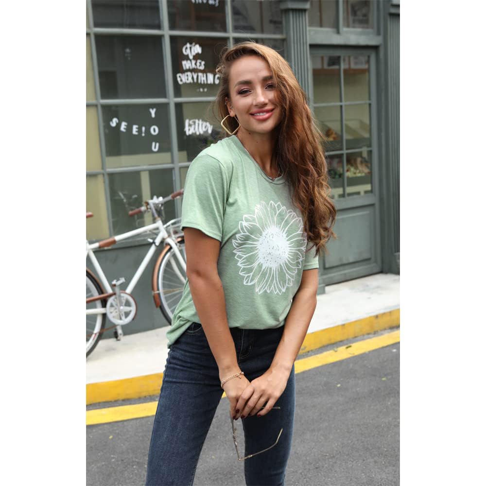 Women's Summer Sunflower Graphic T-Shirt - Cute Floral Print Loose Fit Crew Neck Short Sleeve Casual Top for Beach, Vacation & Everyday Wear