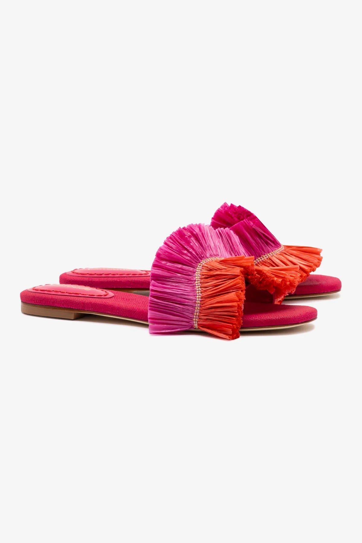 Stylish Ivy Fringe Flat Sandals in Pink & Orange Raffia - Perfect for Beach Vacations, Summer Weddings & Boho Fashion