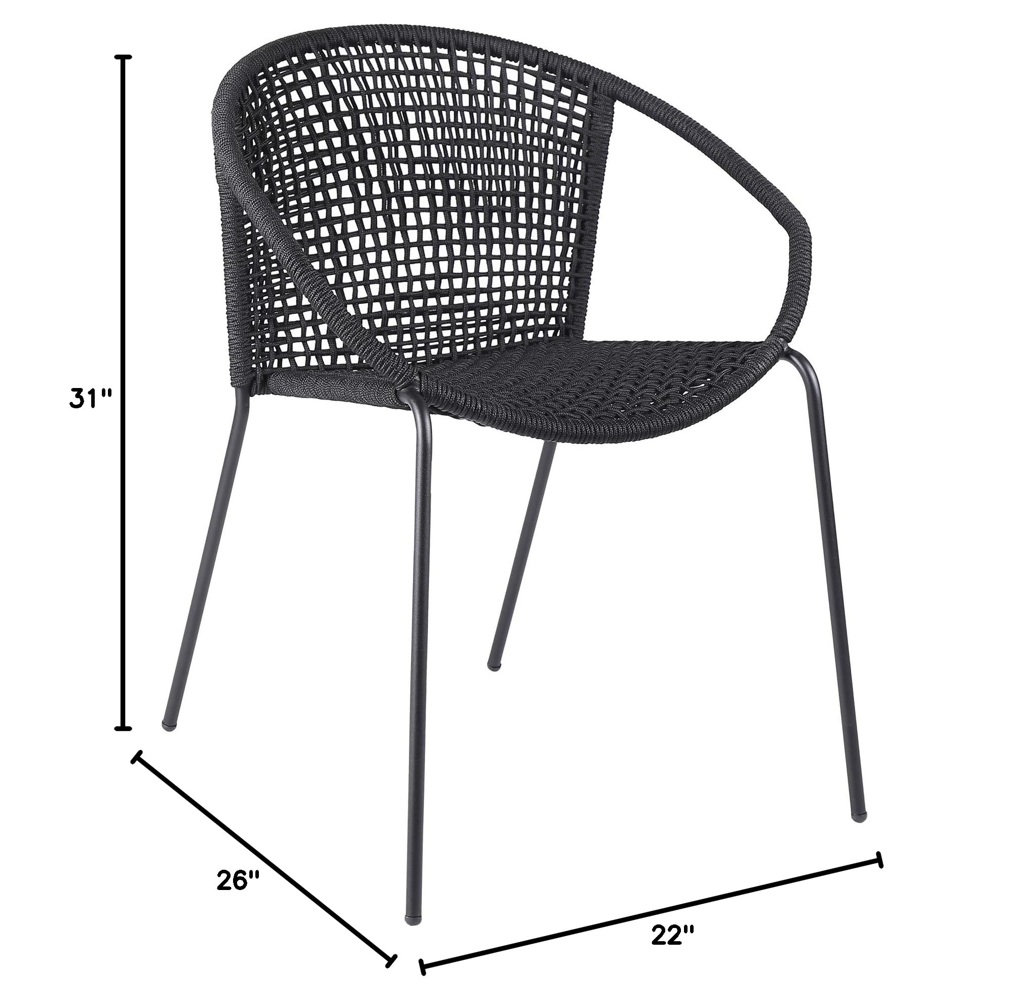 Armen Living Modern Stackable Steel Dining Chair with Black Rope - Indoor Outdoor Patio Furniture Set of 2 - Perfect for Dining Rooms, Kitchenettes, and Backyard Entertaining