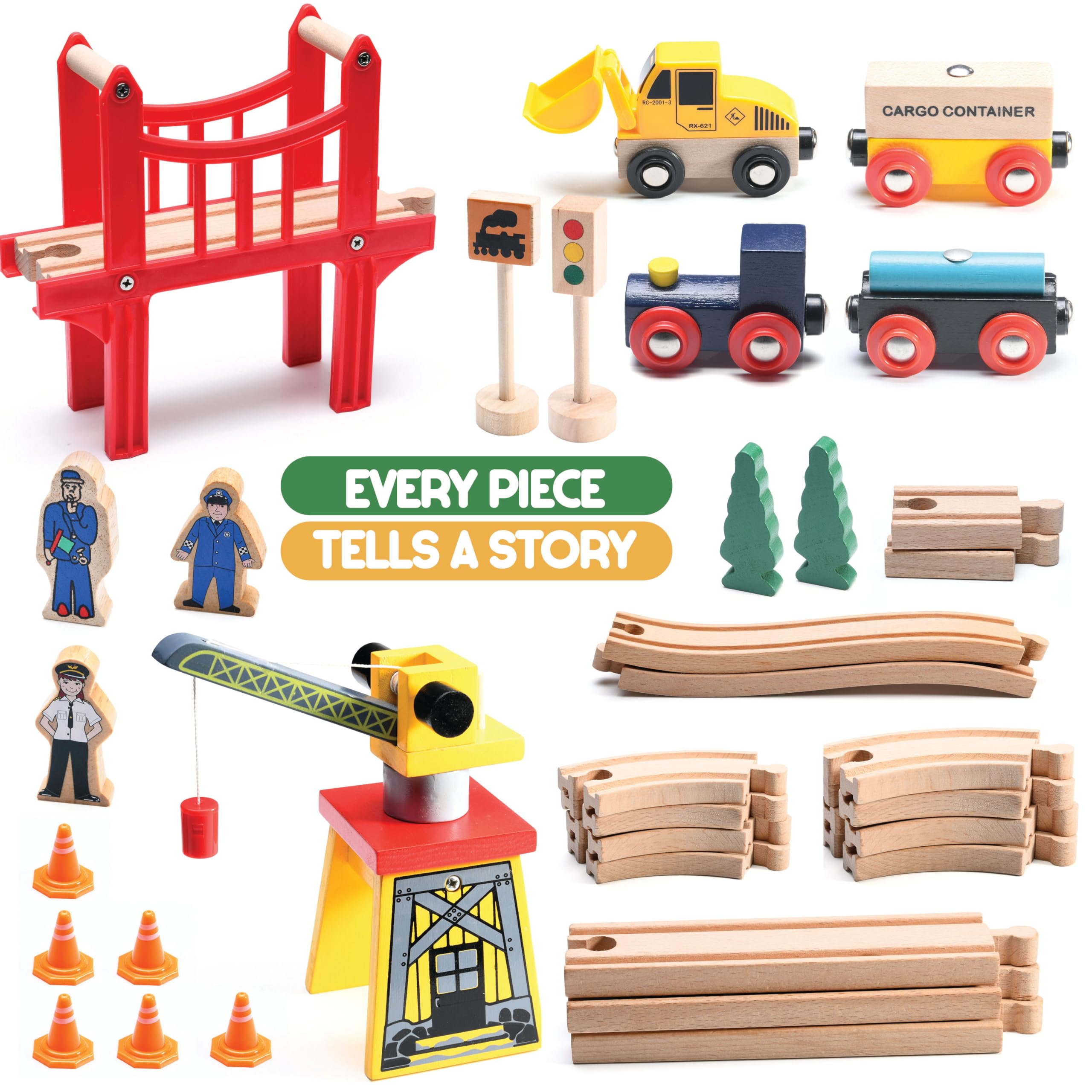Play22 Wooden Train Set for Toddlers - 38 Piece Wooden Railway Track with Crane, Bridge & Accessories | STEM Learning Toy for Kids Ages 3-4 | Perfect for Birthday Gifts & Indoor Playtime