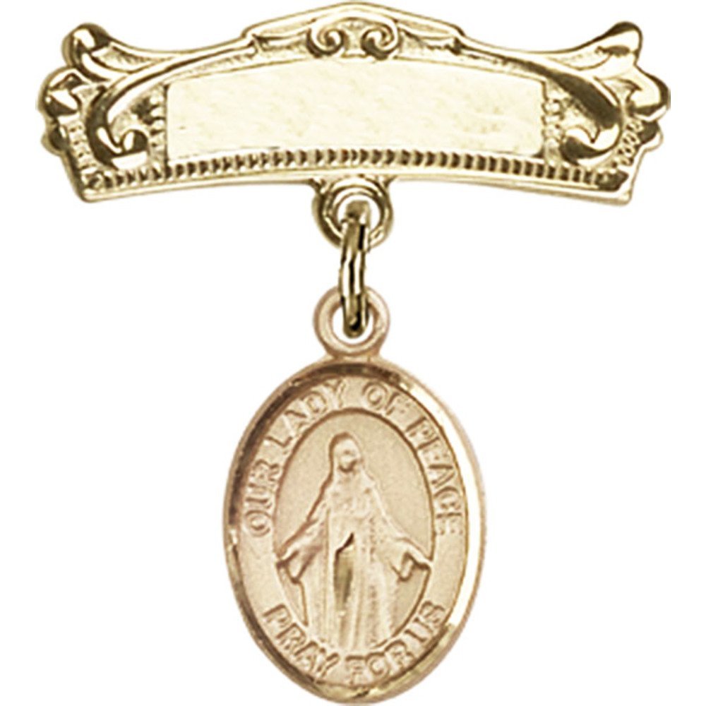 Gold Filled Baby Badge with Our Lady of Peace Charm - 7/8 X 3/4 Inch Arched Polished Pin for Christening, Baptism & First Communion Gifts | Religious Jewelry for Newborns & Infants