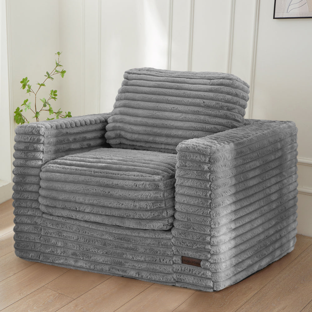 MAXYOYO Oversized Bean Bag Chair - Grey Striped Faux Fur Floor Sofa with Removable Pillows & Armrests - Perfect for Living Room, Bedroom, Game Room and Dorm Lounge