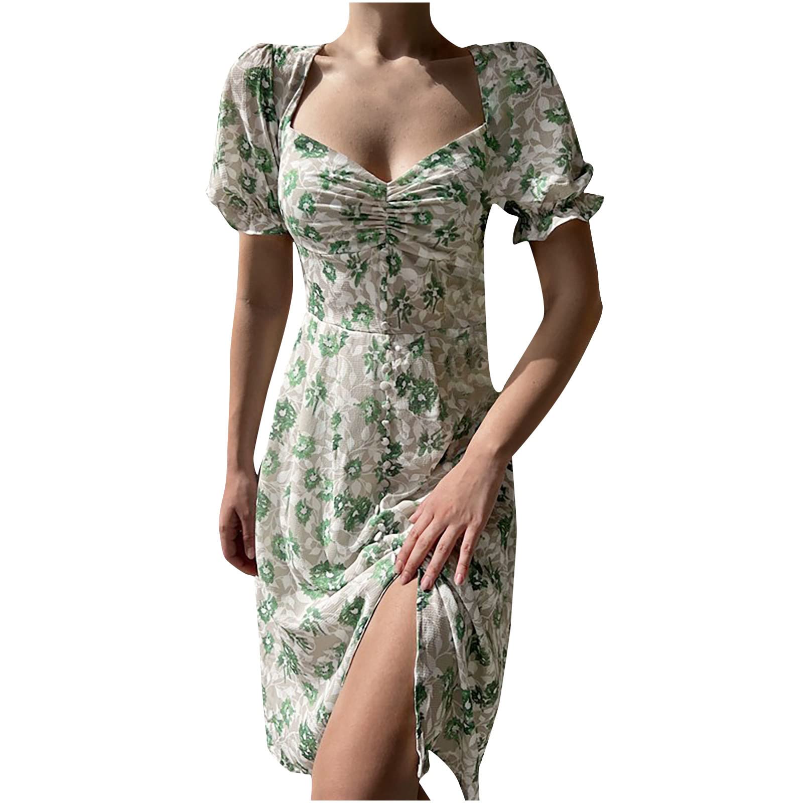 Boho Floral Print Off Shoulder Split Dress for Women - Sexy Puff Sleeve Backless Long Summer Dress - Perfect for Beach Vacations, Date Nights & Summer Parties
