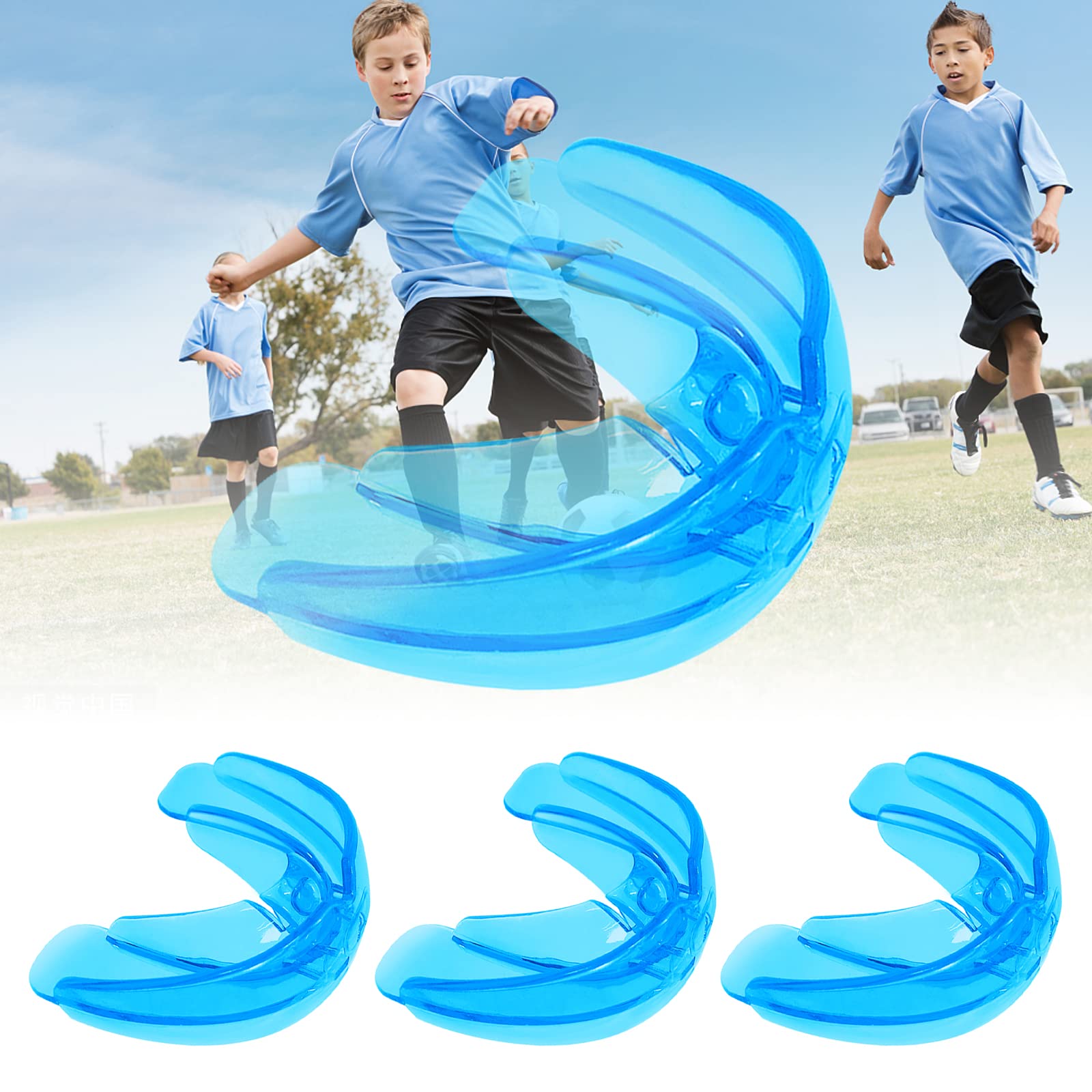 3 Pack Kids Youth Mouth Guards - EVA Transparent Blue Sports Mouthpiece for Football, MMA, Boxing, Rugby, Kickboxing, Taekwondo, Softball & Lacrosse - Perfect for Teeth Protection During Contact Sports & Training