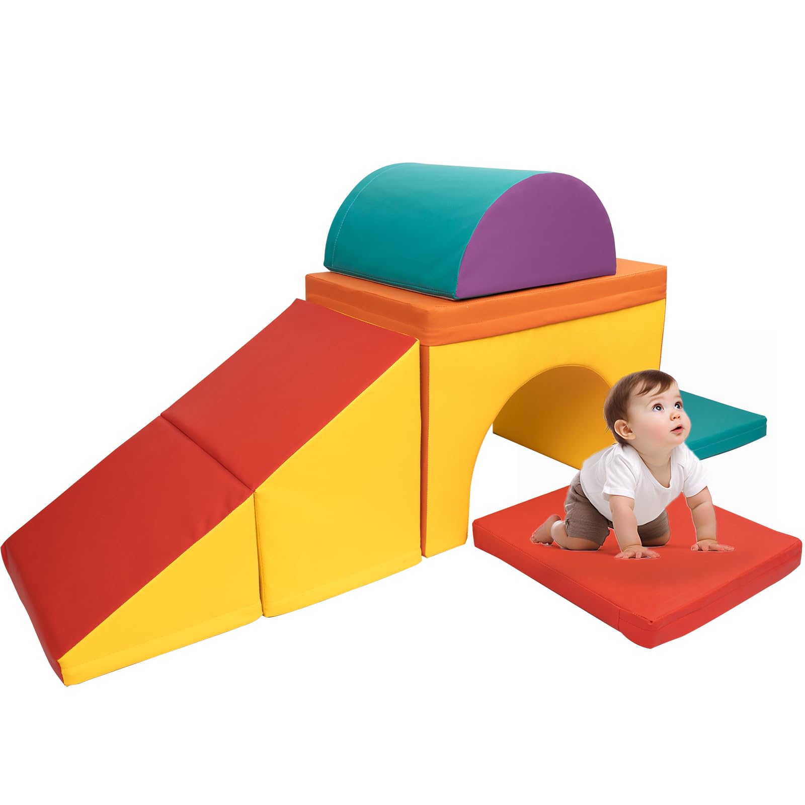 XJD PU Leather Foam Climbing Blocks for Toddlers - Soft Play Climbing Toys with Single Tunnel Climber | Indoor Crawl & Climb Activity Playset for Baby Gym | Perfect for Daycare, Playroom & Home Use (Assorted Colors)