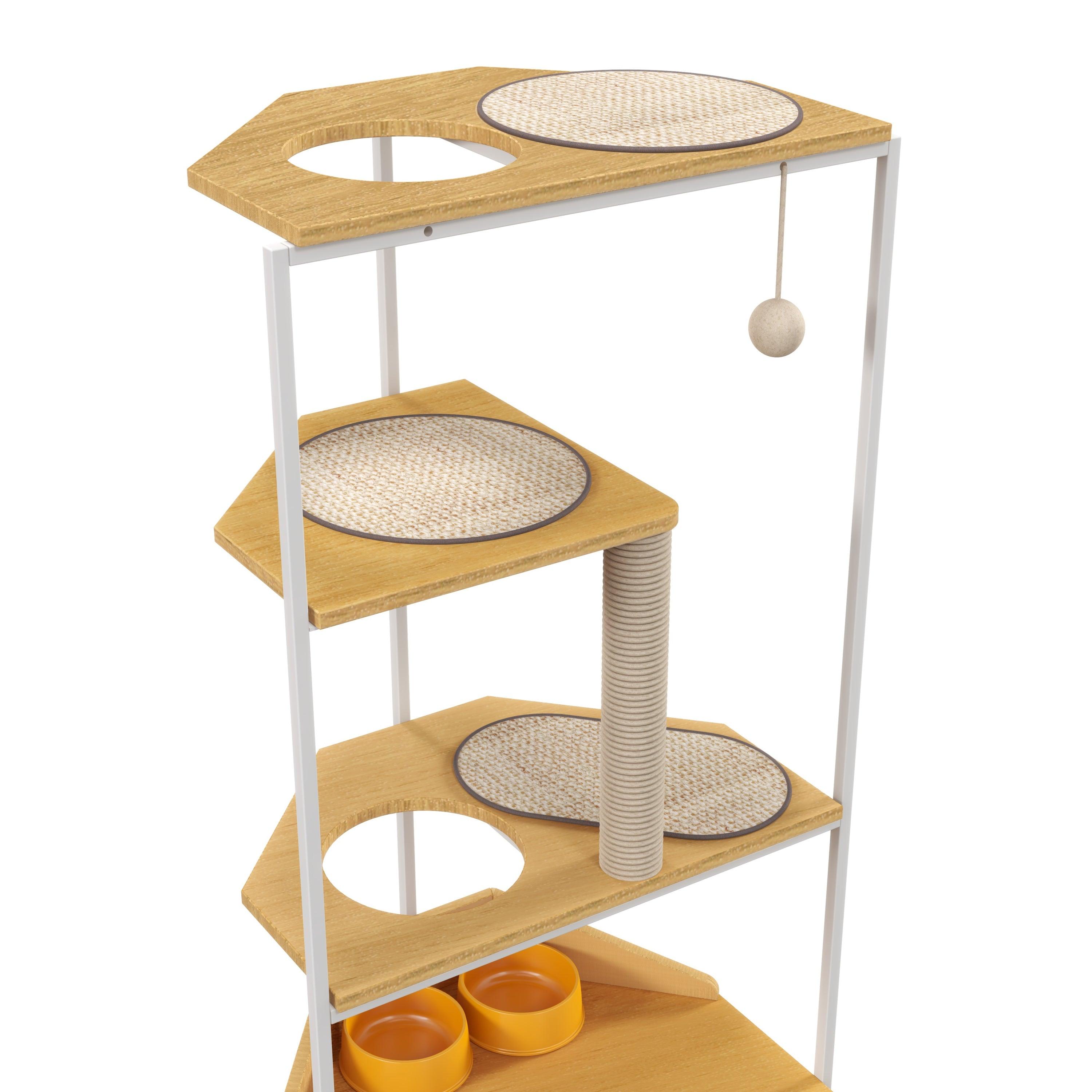 Premium Cat Tree with Scratching Post & Climbing Platforms - Multi-Level Cat Condo with Feeding Station - Sturdy Corner Cat Tower for Indoor Cats - Perfect for Play, Rest & Feeding in Small Spaces