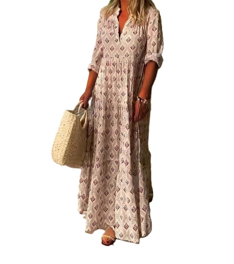Plus Size Boho Floral Print Long Sleeve Maxi Dress for Women - V Neck Tiered Flowy Long Dress for Casual Wear, Beach Vacation & Summer Outfits
