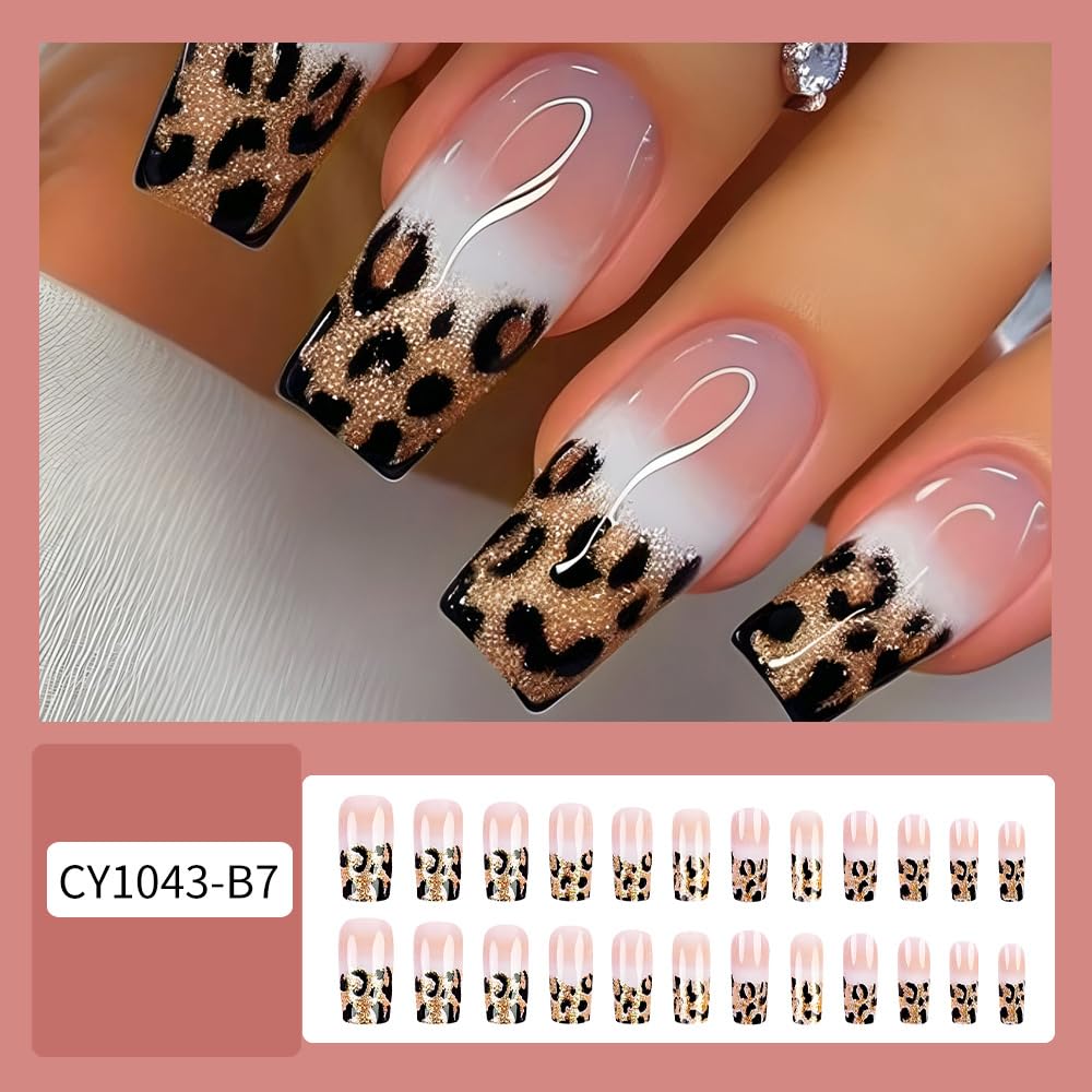 QUNQINLI 24Pcs Leopard Print Press On Nails - Medium Square Fake Nails with Glossy Design, Nude Pink False Nails with White Tips, Full Cover Acrylic Nail Kit for Women | Perfect for Parties, Weddings & Daily Manicure
