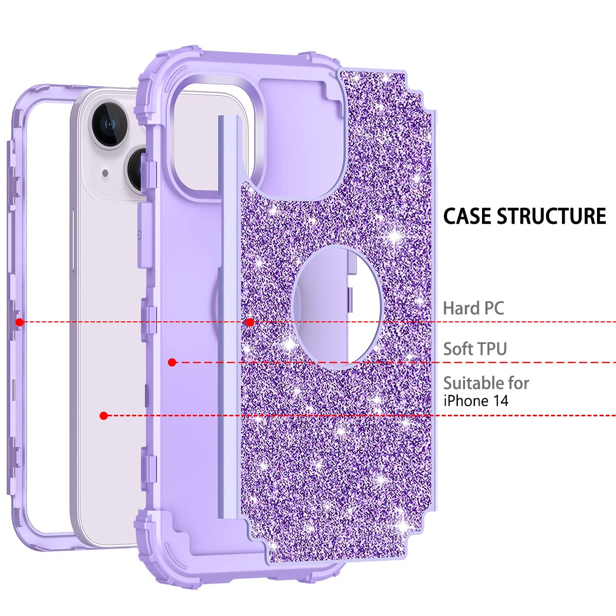 LONTECT iPhone 14 Case - Glitter Sparkly Protective Cover with Shockproof Heavy Duty Hybrid Design for Apple iPhone 14 - Shiny Purple - Perfect for Everyday Use, Parties & Special Occasions
