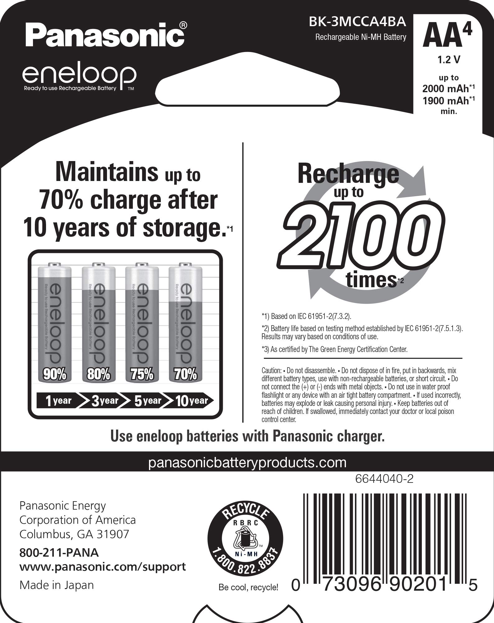 Panasonic Eneloop BK-4MCCA12FA AAA & BK-3MCCA4BA AA Rechargeable Batteries - 2100 Cycles Ni-MH Pre-Charged, 4-Pack for Cameras, Flashlights, Toys & Electronics