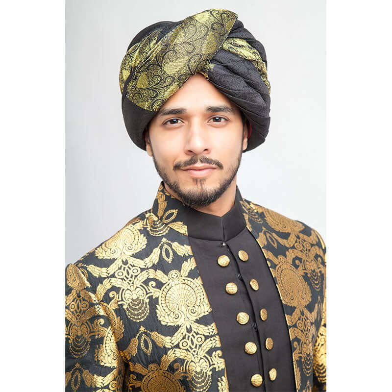 Elegant Black and Gold Jamavar Sherwani Set for Men | Traditional Indian Wedding Outfit | Perfect for Groom, Groomsmen & Special Occasions