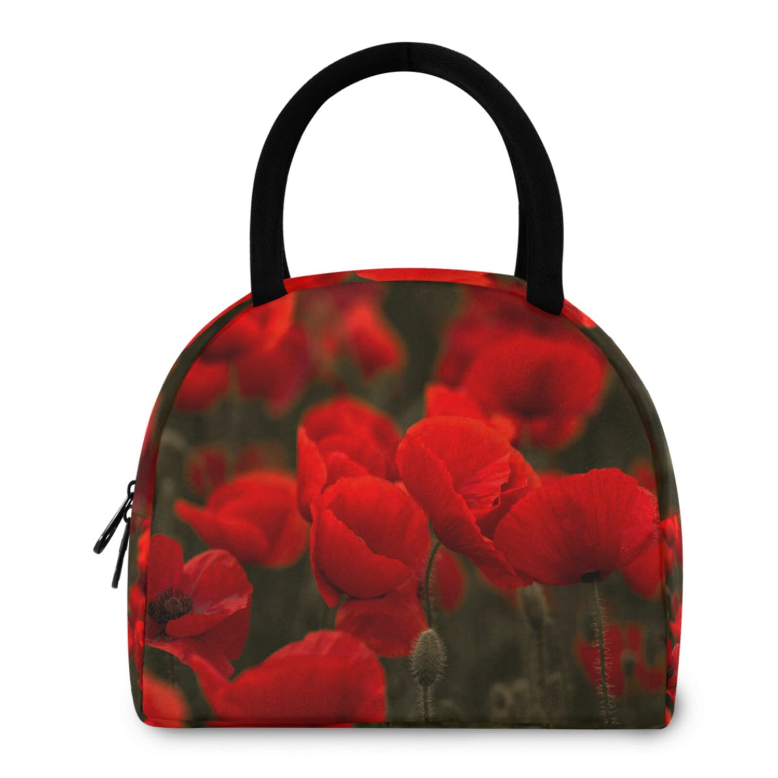 Reusable Insulated Lunch Tote Bag - Red Poppy Field Design | Thermal Cooler Container for School, Work, Picnic, Travel, Fishing & Beach