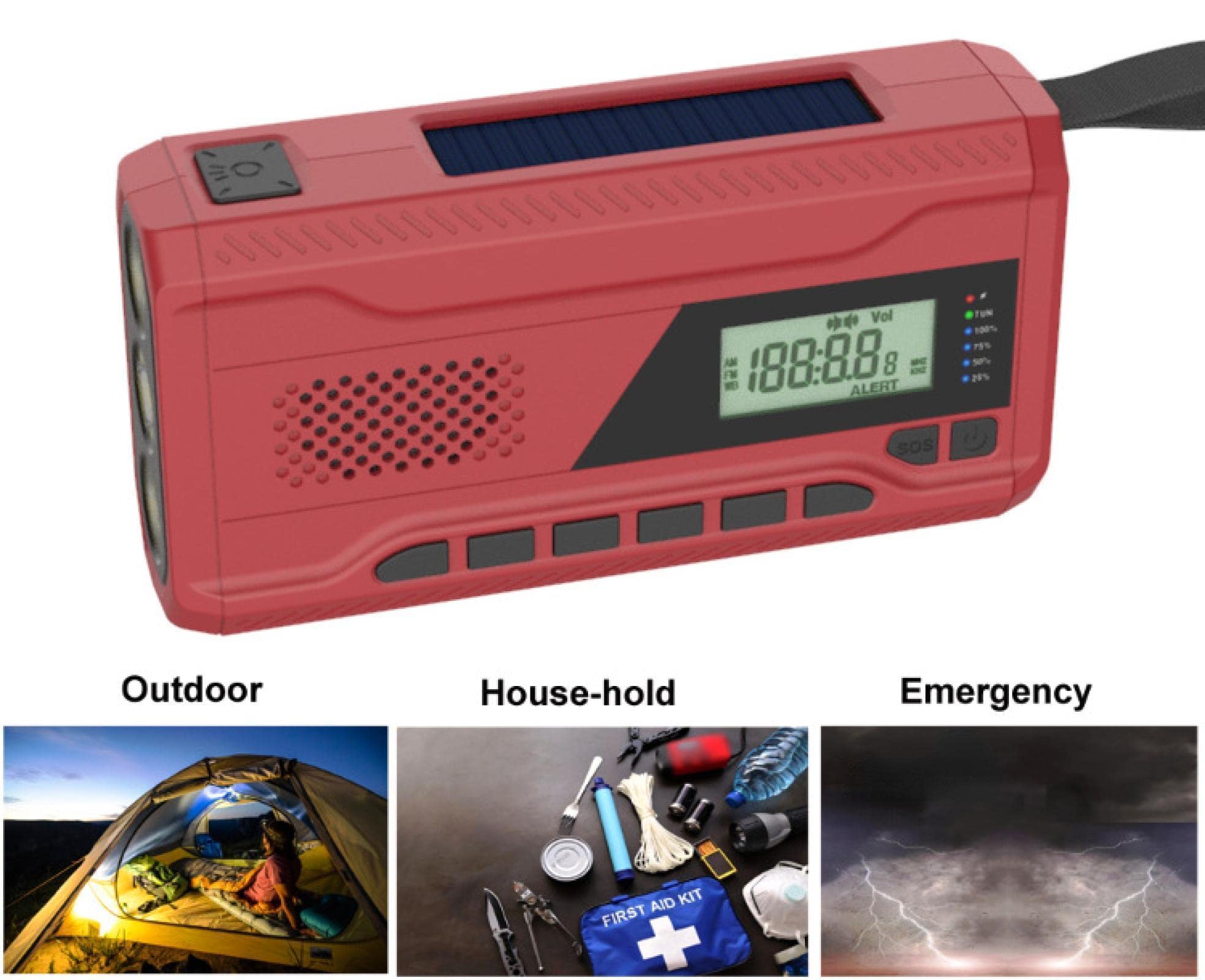 Portable Solar Hand Crank Emergency Radio - AM/FM/DAB Digital Radio with USB Rechargeable Battery, Flashlight & Weather Alert - Perfect for Outdoor Camping, Hiking & Emergency Preparedness (Red)