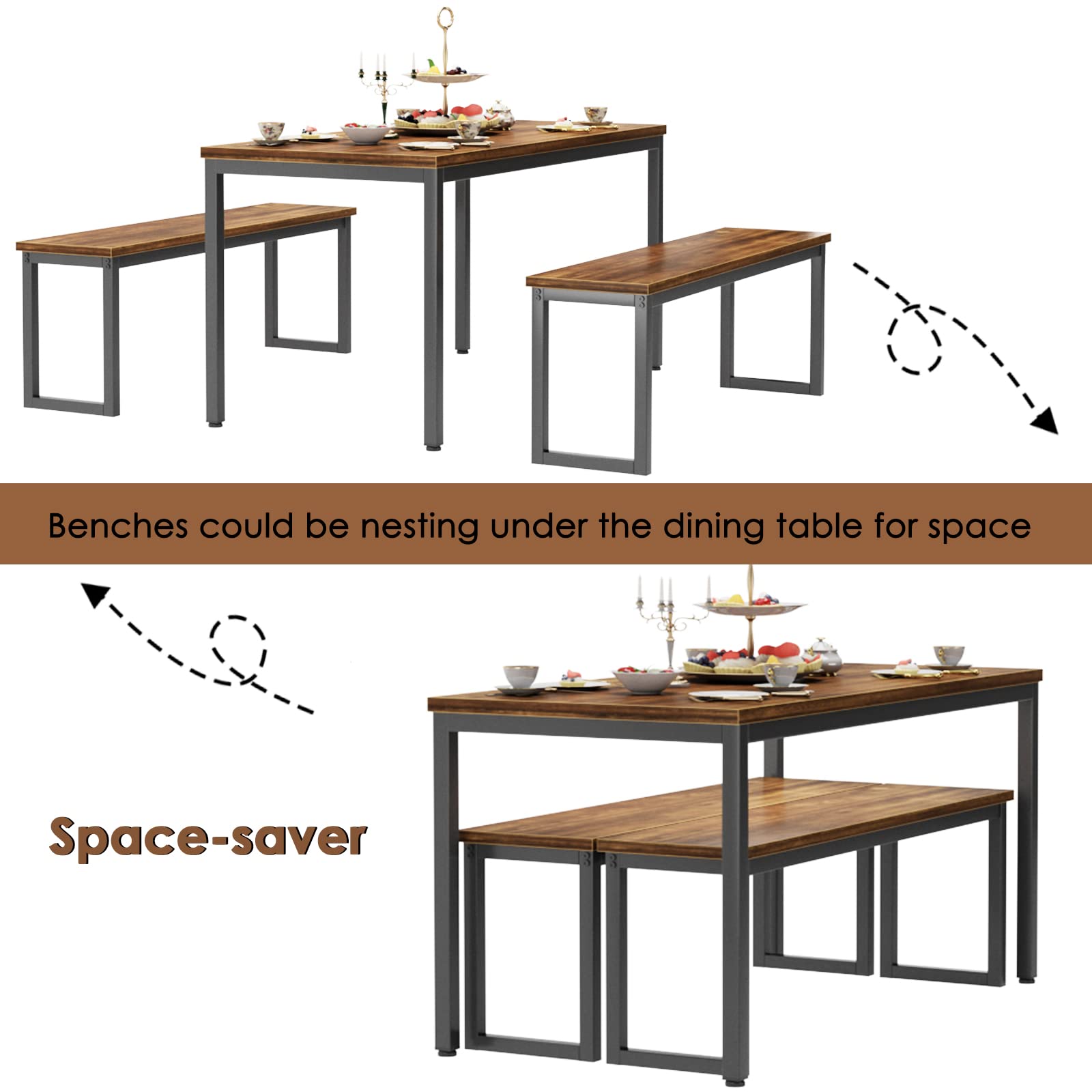 Soges 3-Piece Industrial Style Wooden Kitchen Table Set with 2 Benches - Dining Room Table for 4, Breakfast Nook & Coffee Table - Perfect for Small Spaces, Apartments & Farmhouse Kitchens