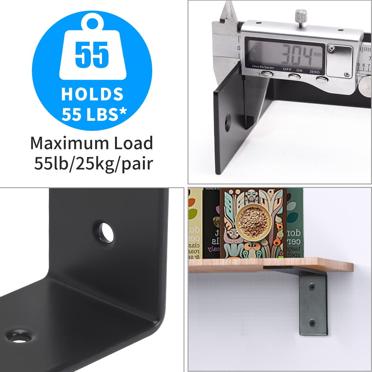 YUMORE Heavy Duty L Brackets 5x3x1.8 Inch - Stainless Steel Wall Mount Shelf Brackets for Floating Shelves, Industrial Farmhouse Decor - Includes Hardware, Rustic Black (Pack of 4) - Perfect for Kitchen, Bathroom, Garage & Home Organization