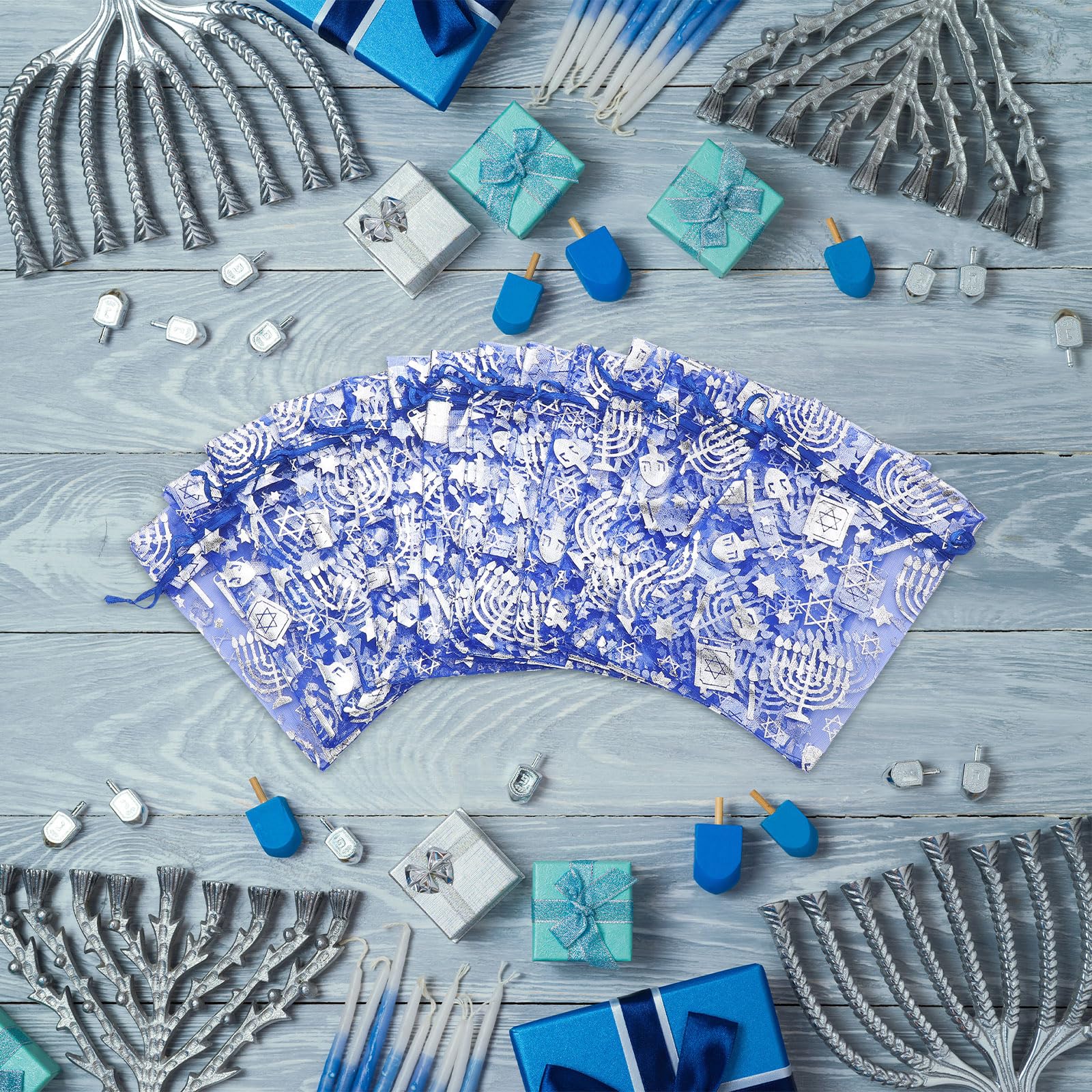 60 Pack Hanukkah Mesh Gift Bags - Chanukah Party Favor Sachets for Candy, Chocolate Coins & Cookies - Perfect for Hanukkah Celebrations, Holiday Gifting & Festive Treat Packaging