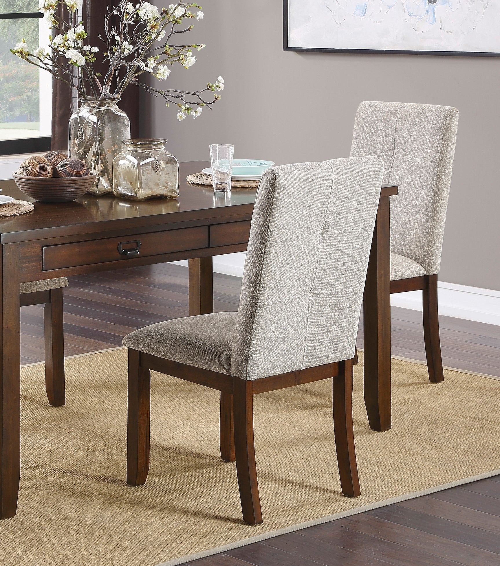 Dark Cherry Finish Chenille Upholstered Dining Chairs Set of 2 - Tufted Back Wood Frame Kitchen Chairs for Dining Room & Breakfast Nook