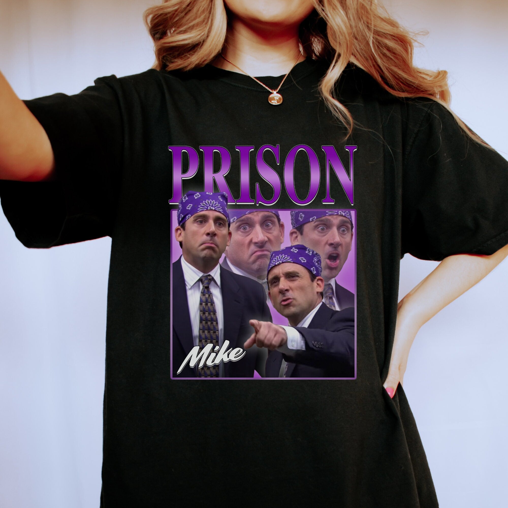 Prison Mike Shirt - The Office Michael Scott T-Shirt - Funny TV Show Fan Gift - Dwight Schrute Tee - 90s Hip Hop Style - Perfect for Cosplay, Halloween & Office Themed Parties