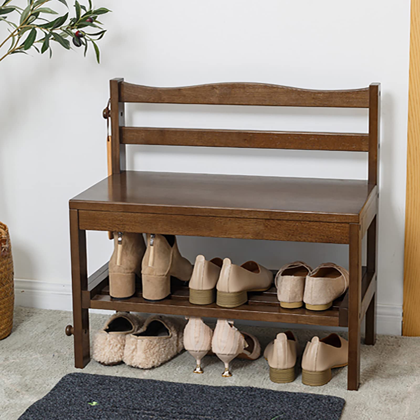 Premium Wooden Shoe Bench with Back - Rustic Farmhouse Entryway Storage Bench, Shoe Organizer & Decor (62x32.5x60cm/24x13x24in, Brown) - Perfect for Mudroom, Hallway & Home Entry Organization
