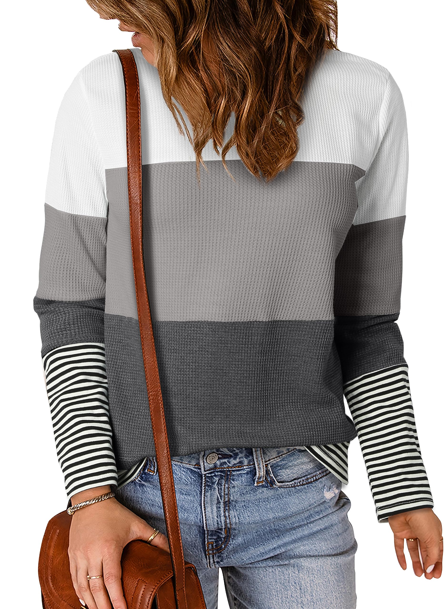 Dokotoo Women's Casual Long Sleeve Crewneck Pullover Sweater - Color Block Stripes Waffle Knit Top for Fall | Cozy Autumn Outfits, Layering Essential, Office & Weekend Wear