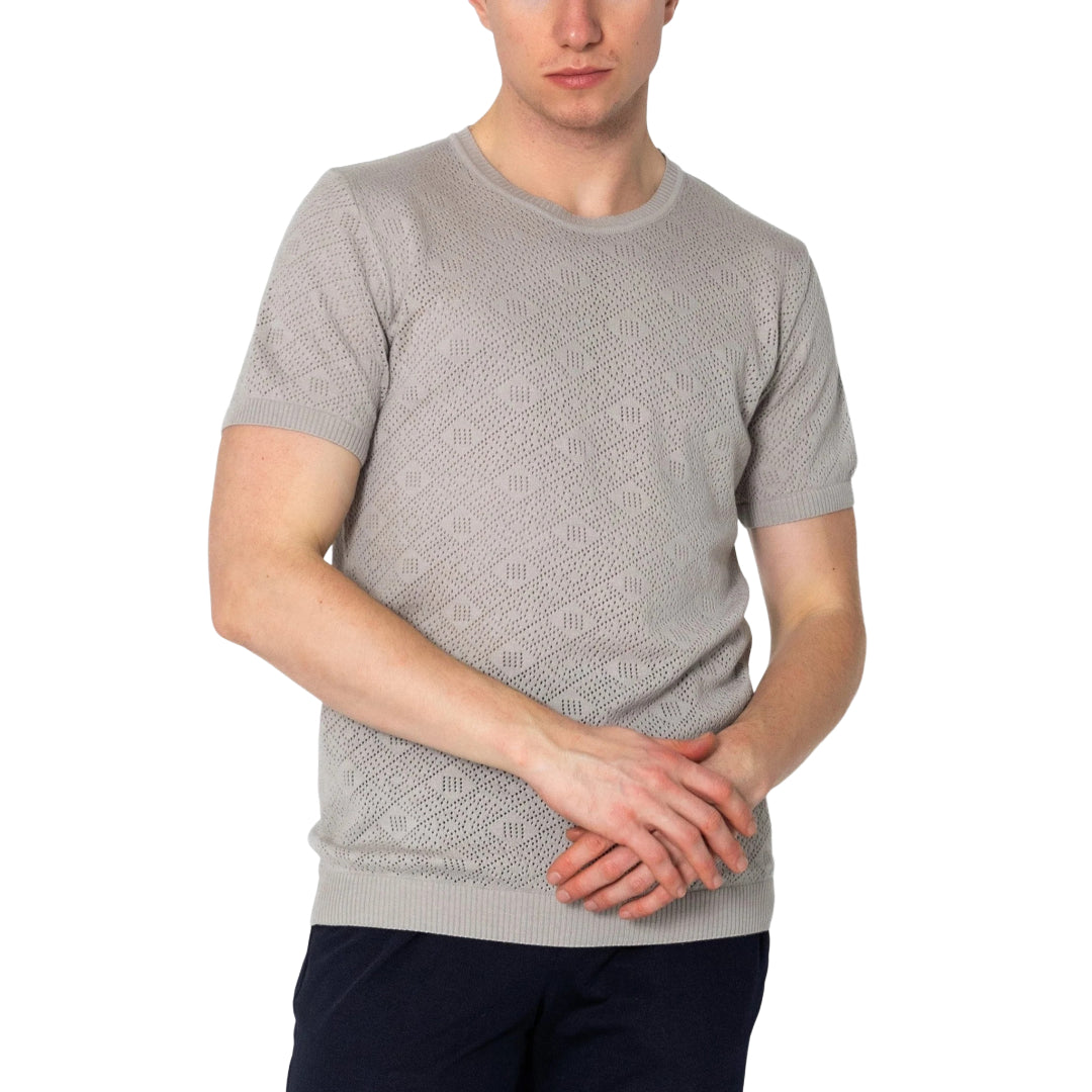 Geometric Crochet T-Shirt for Women - Stylish Grey Cotton Top for Casual Wear, Summer Outfits, and Boho Fashion
