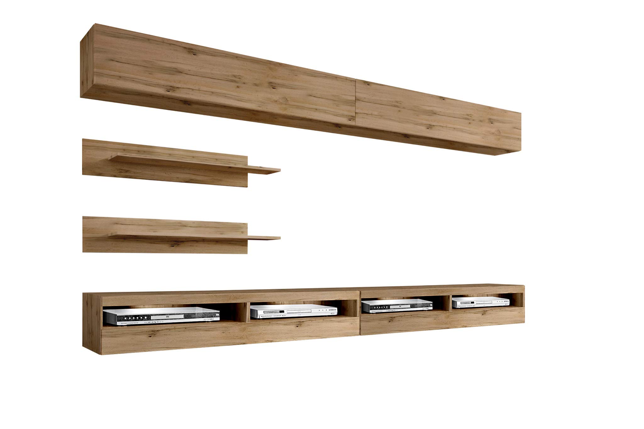 Modern Oak Wall-Mounted TV Stand with Storage Shelves & LED Lights - Floating Entertainment Center Console for Living Room & Bedroom - Perfect for Small Spaces & Home Theater Setup - Meble Furniture Fly I1 35TV Stand