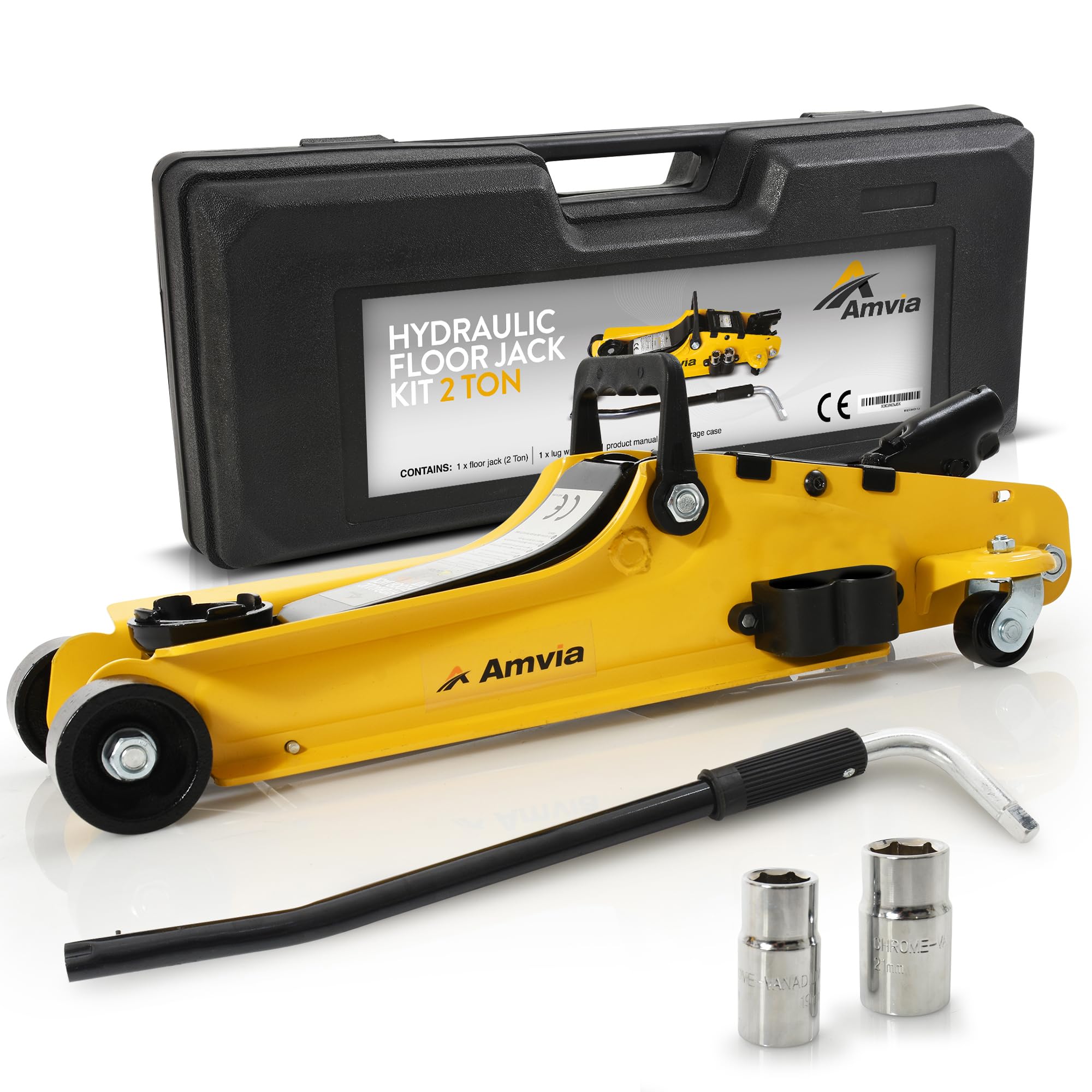 2 Ton (4,400 lbs) Hydraulic Low Profile Floor Jack Kit with Carrying Case - Portable Trolley Jack for SUV, Auto & Truck Repair - Includes Lug Wrench & Tools - Perfect for Garage, Roadside Emergencies & DIY Car Maintenance
